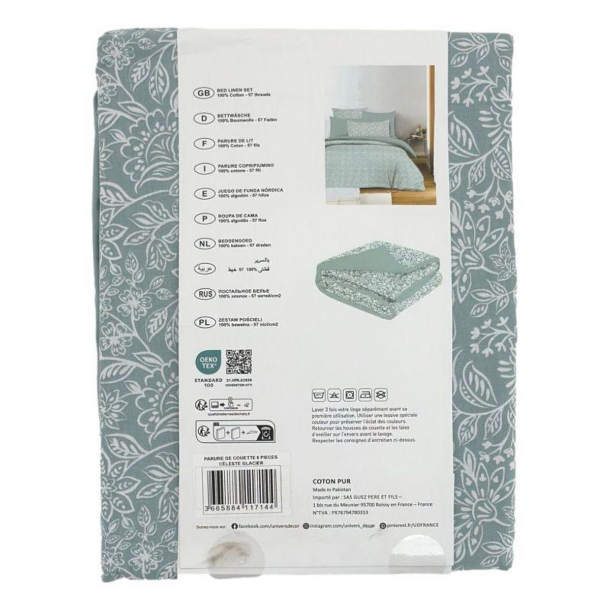COTON PUR Pack complet housse de couette réversible pour lit 140 x 190 cm Céleste glacier