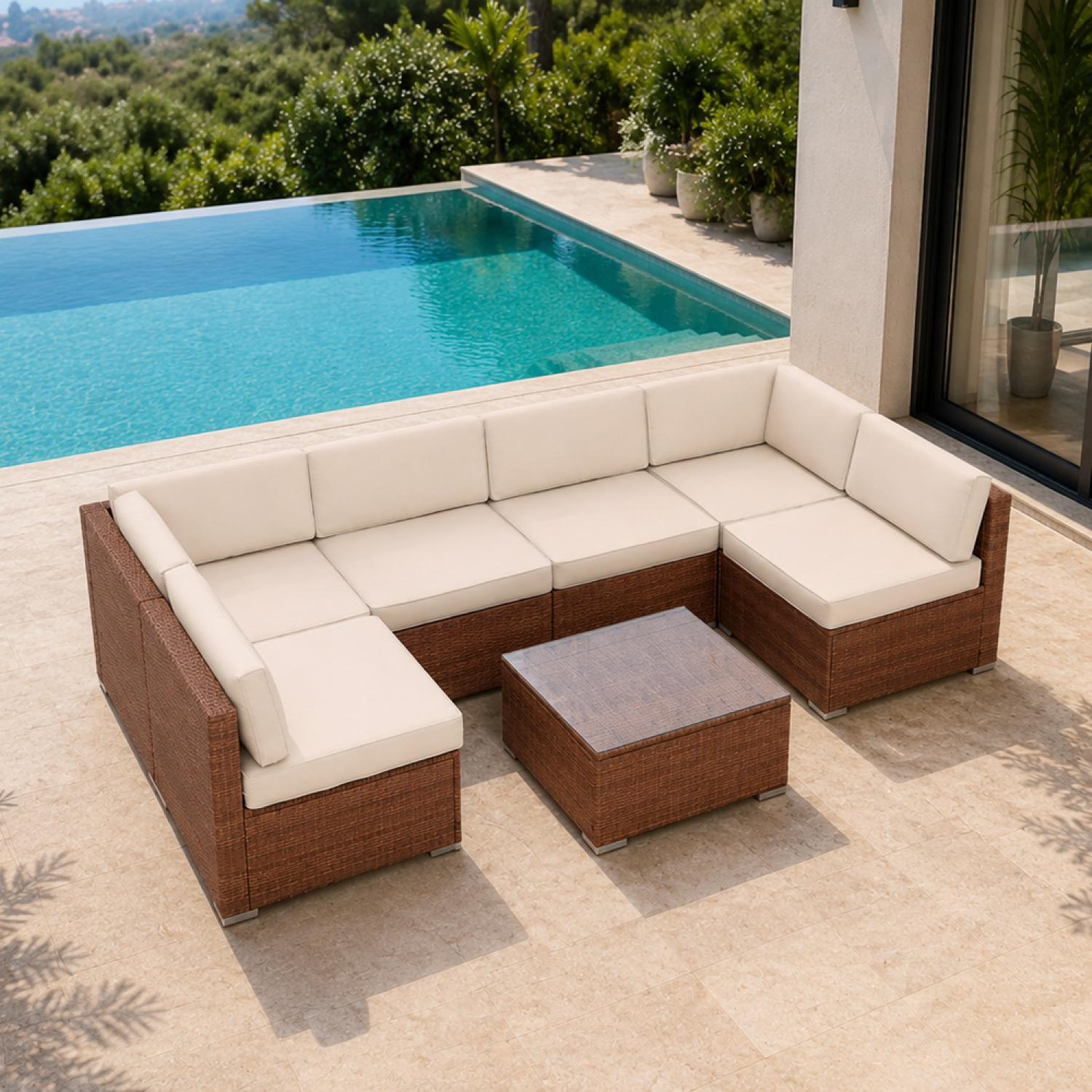 Voir la diapositive 6 : CONCEPT USINE Salon de jardin 6 places modulable en résine tressée marron et beige qamea