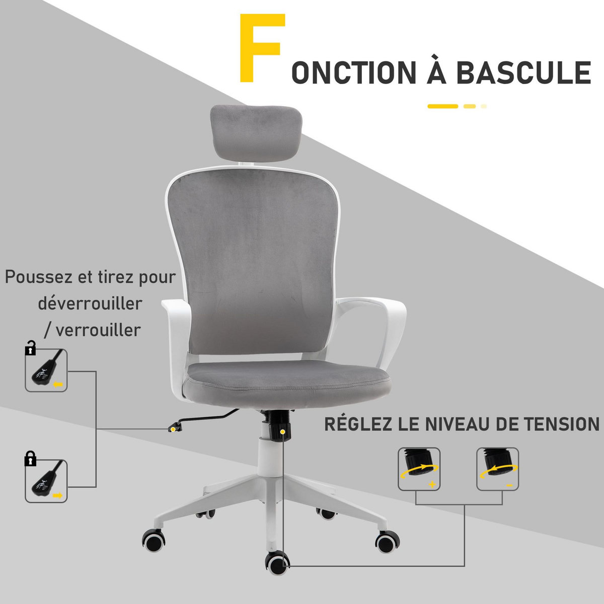 VINSETTO Fauteuil de bureau ergonomique en velours - 63 x 64 x 118-128 cm - gris clair