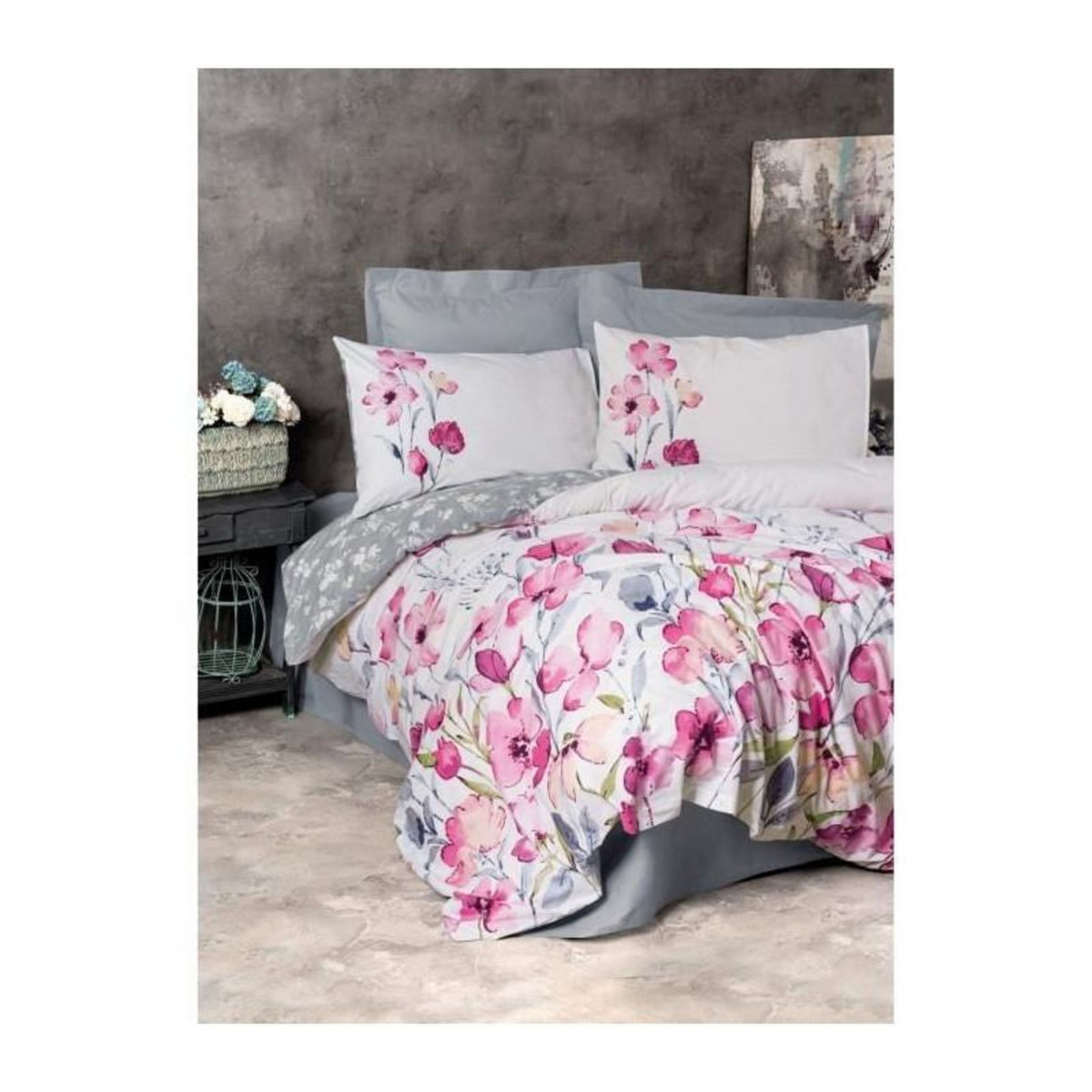 GENERIQUE Parure de lit - 129CTN64415 - 1 housse de couette 220 x 240 cm + 2 taies d'oreiller 60 x 60 cm - 100% coton ranforcé - Gris