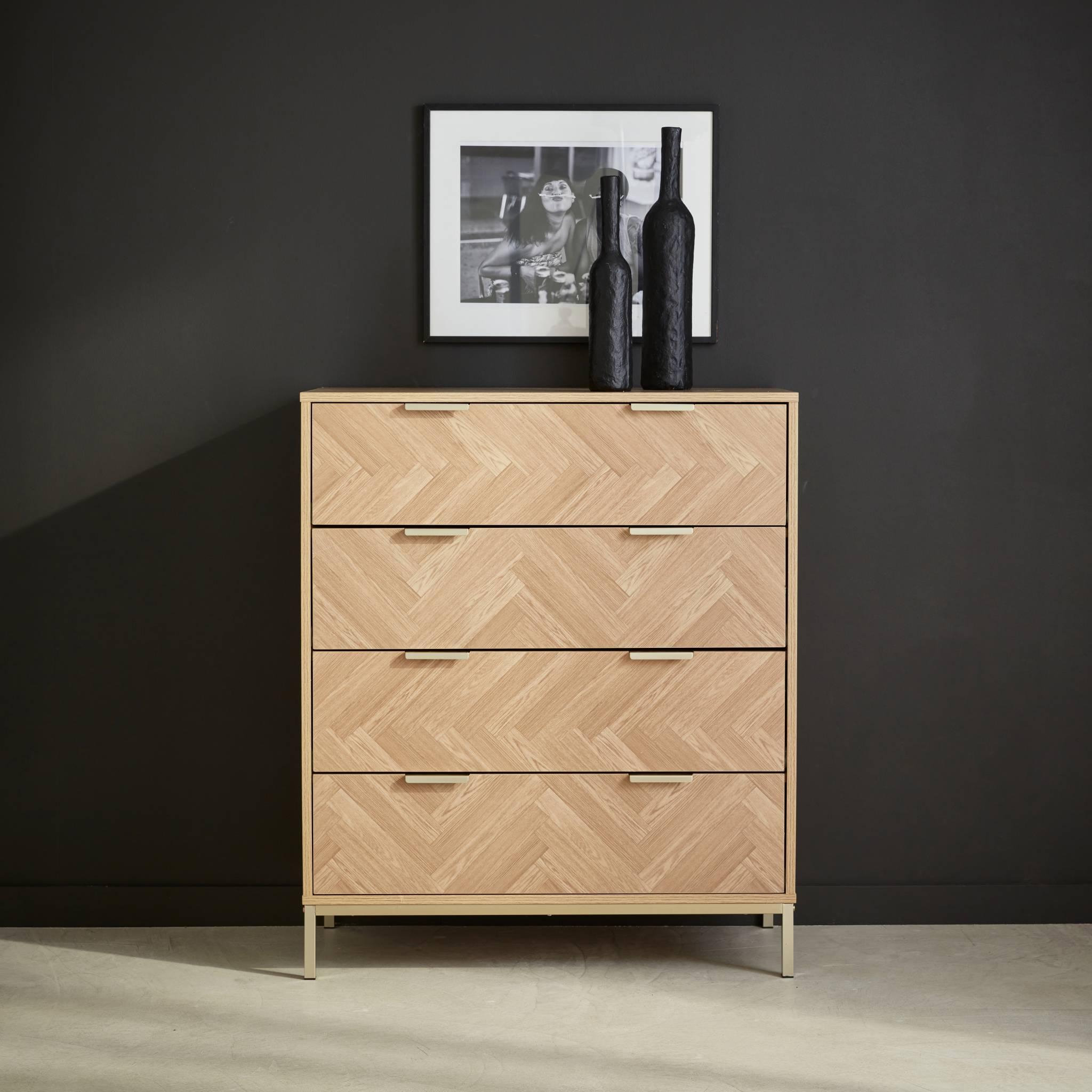 Voir la diapositive 2 : SWEEEK Commode Budapest. quatre tiroirs. décor chevrons L 80 x l 40 x H 95cm