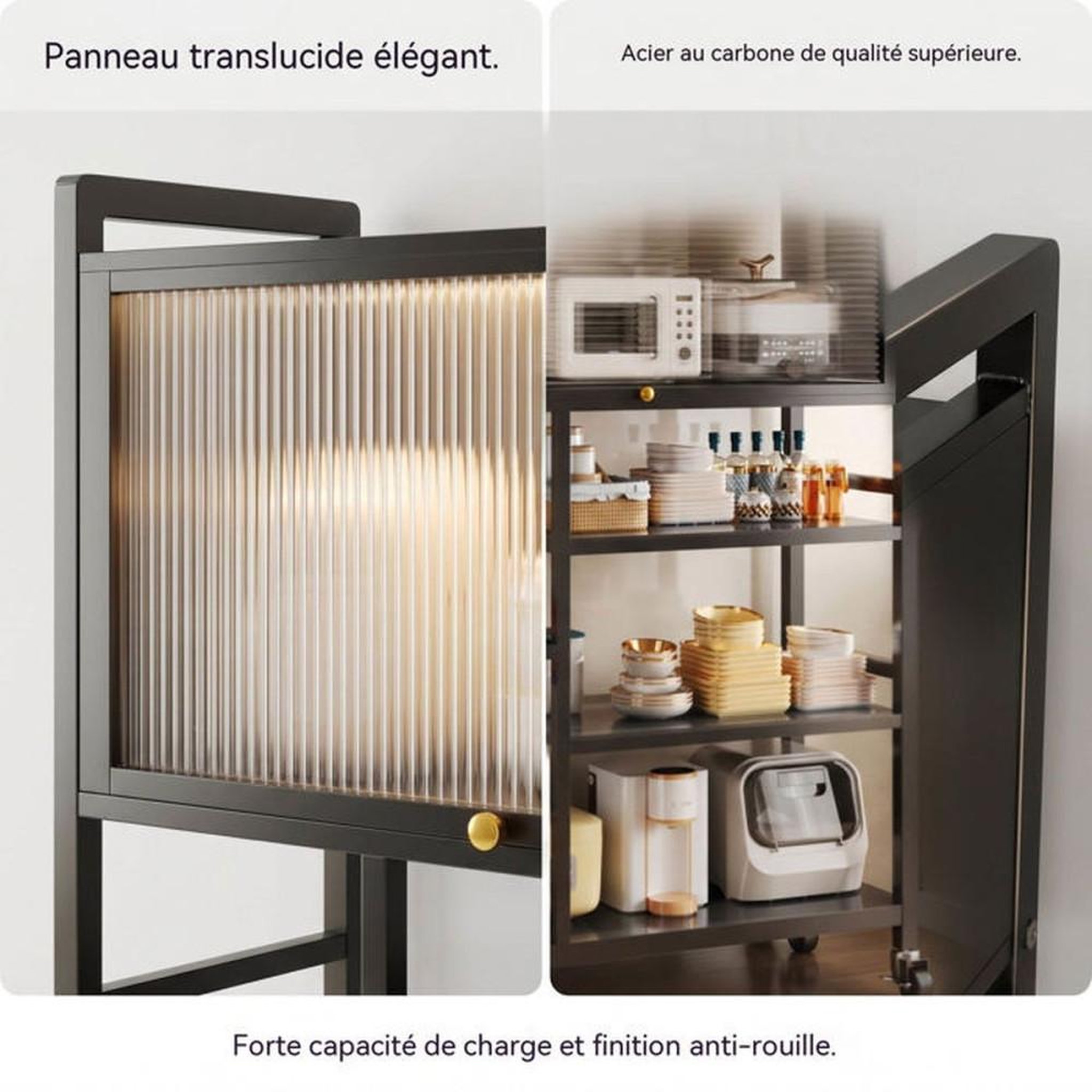 Voir la diapositive 4 : Chariot étagère cuisine 5 niveaux noir en inox avec porte translucide et panier, 4 roulettes universelles dont 2 avec frein