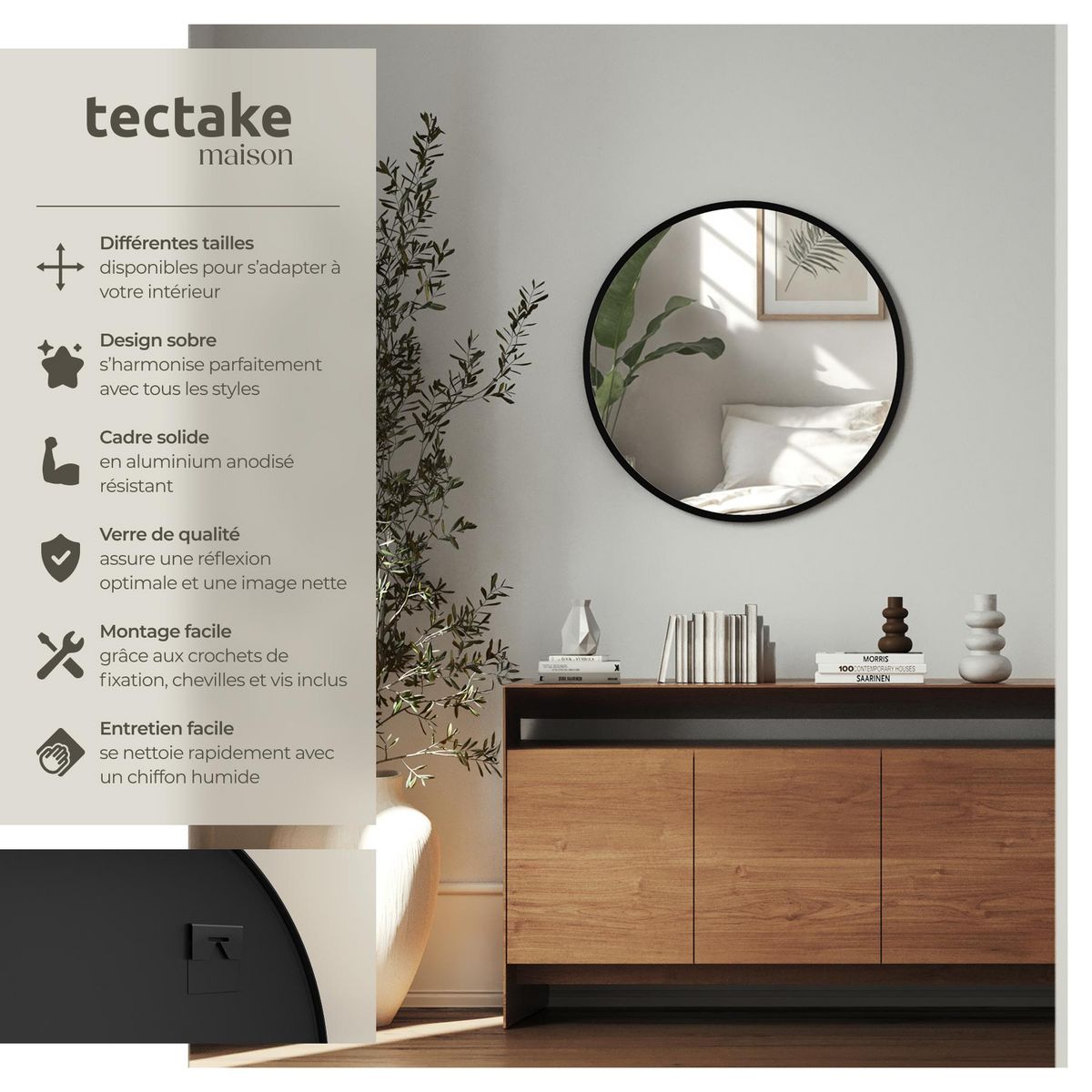 tectake Miroir mural rond Ø 60 cm noir