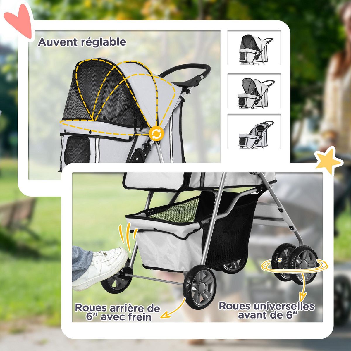 PAWHUT Poussette buggy pliable animaux chariot pliant chien chat porte-gobelet panier de rangement inclus roues avec frein tissu 600D Oxford métal gris