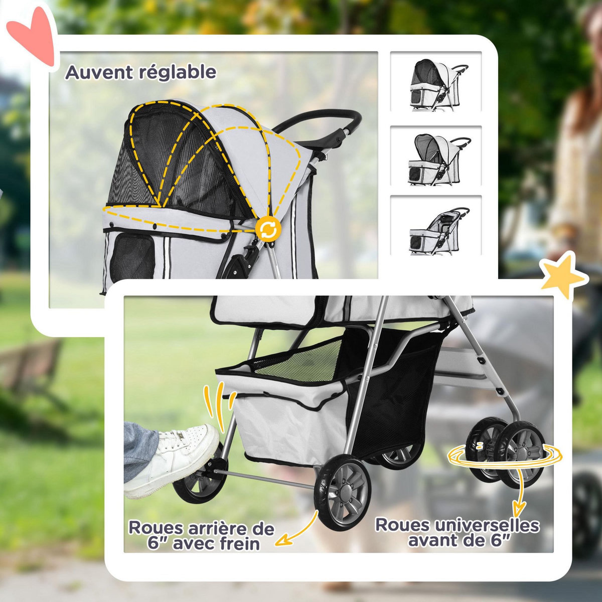 PAWHUT Poussette buggy pliable animaux chariot pliant chien chat porte-gobelet panier de rangement inclus roues avec frein tissu 600D Oxford métal gris