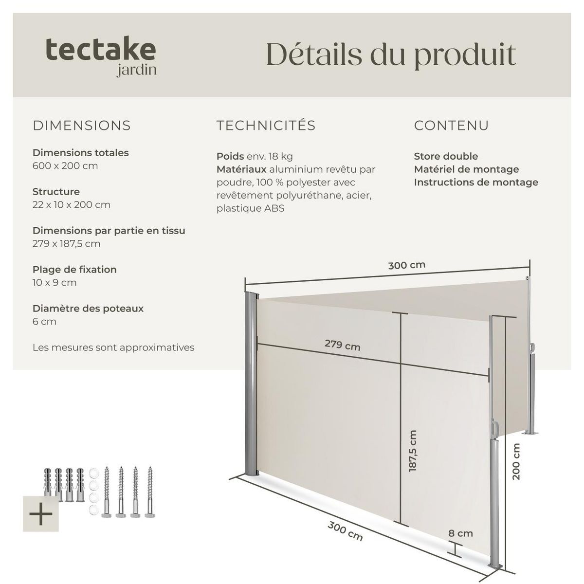 tectake Store latéral double en Aluminium beige