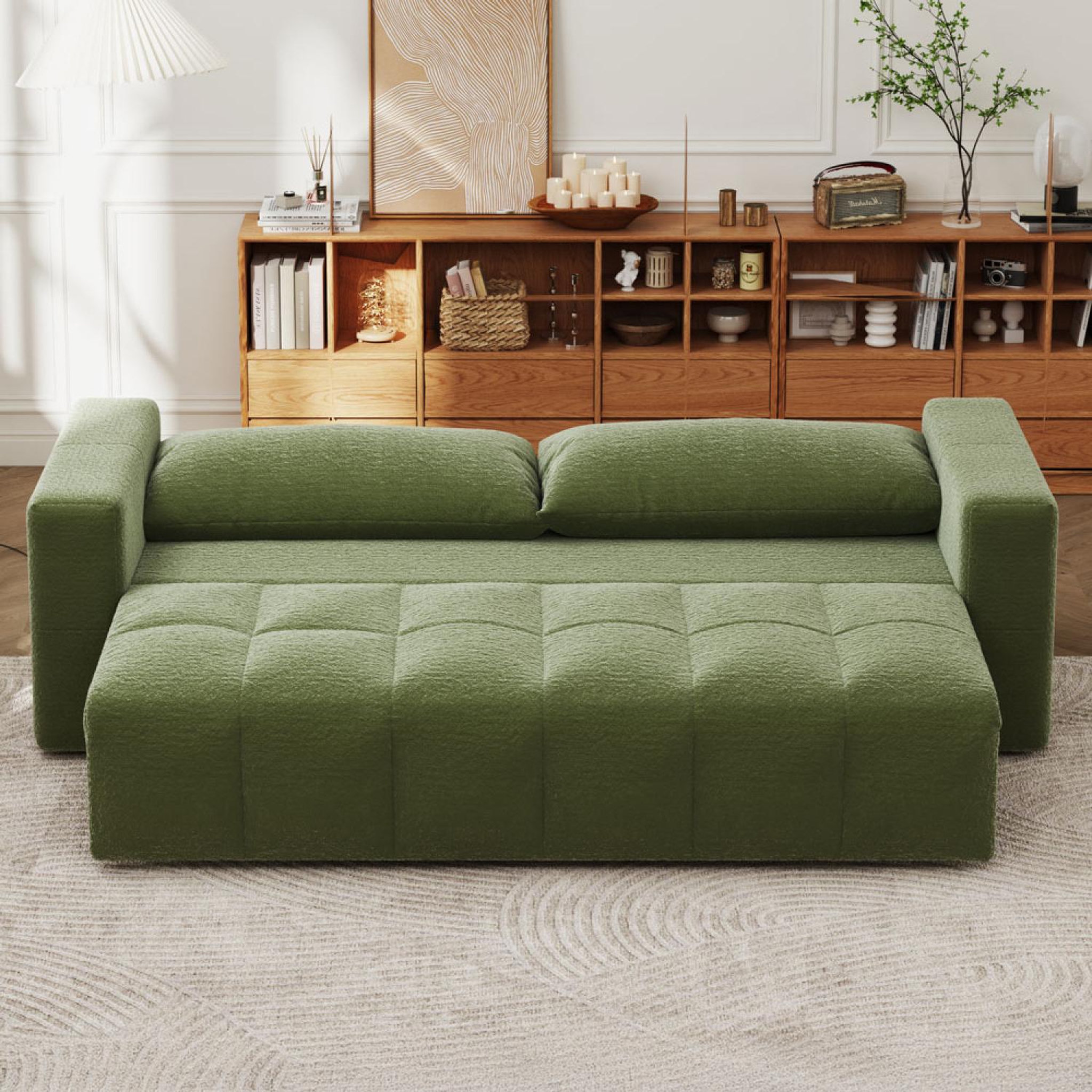 Voir la diapositive 3 : CONCEPT USINE Canapé convertible 3 places avec coffre en bouclette vert canterbury