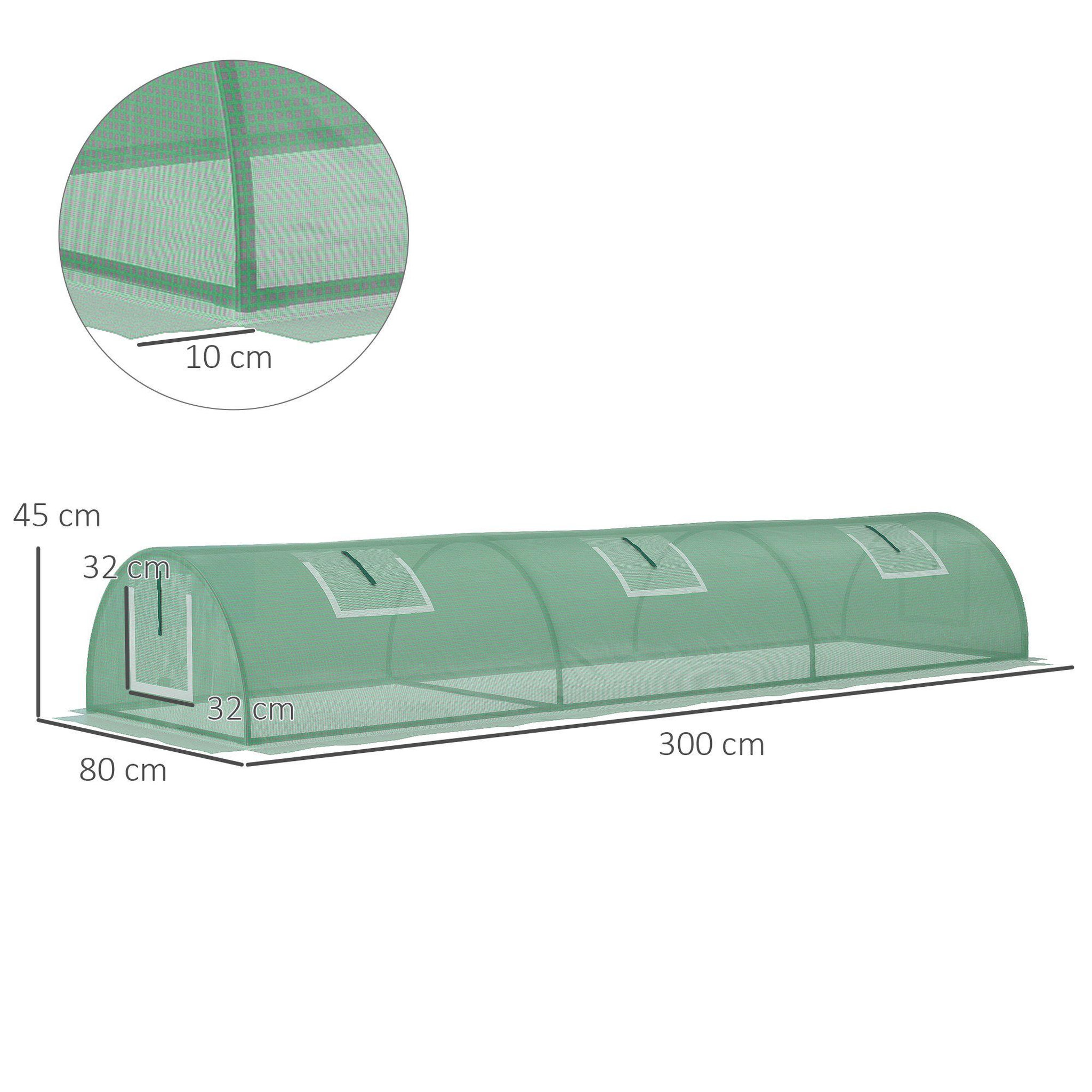 Voir la diapositive 3 : OUTSUNNY Mini serre de jardin serre à tomates dim. 300L x 80l x 45H cm acier PE 5 fenêtres zippées enroulables vert