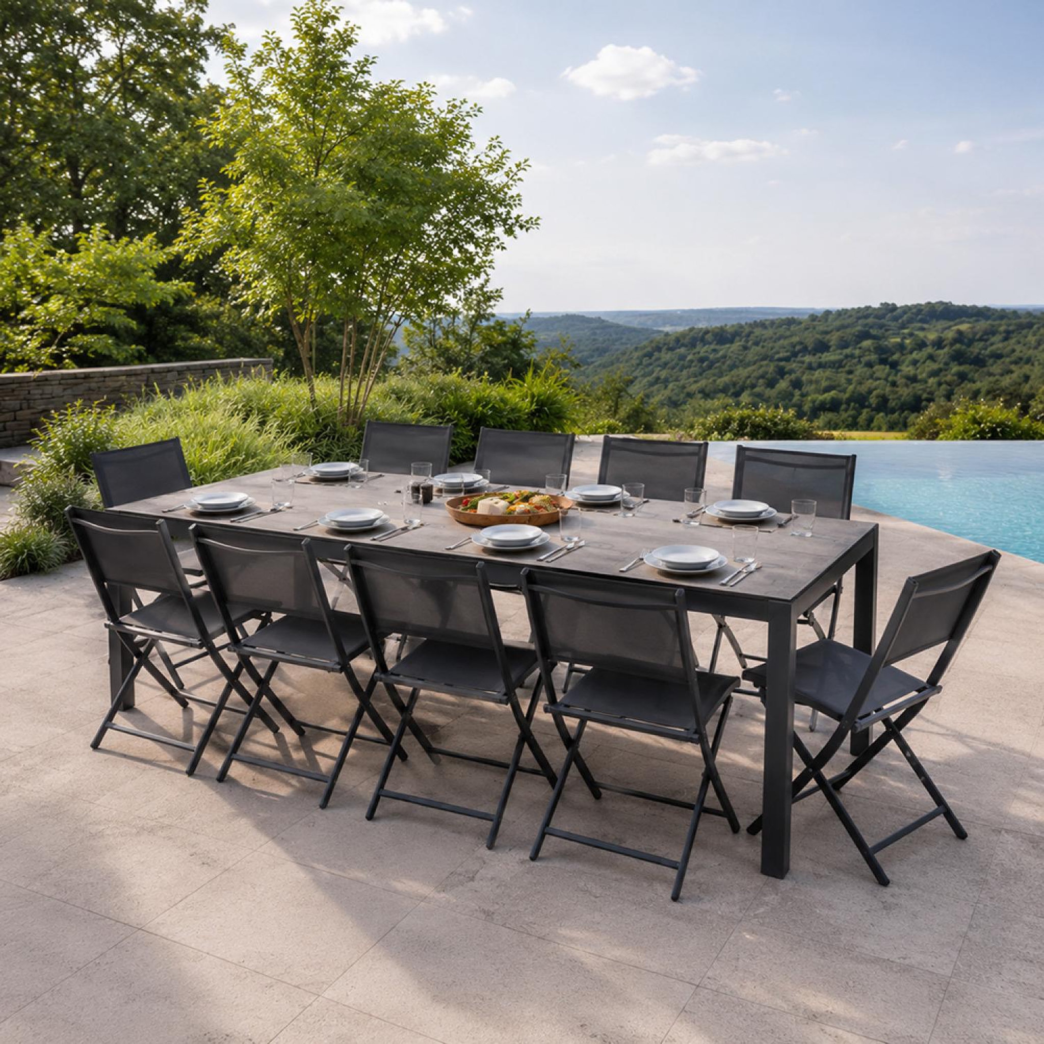 Voir la diapositive 5 : CONCEPT USINE Ensemble table de jardin 200 cm en aluminium et 10 chaises pliantes LAGOS