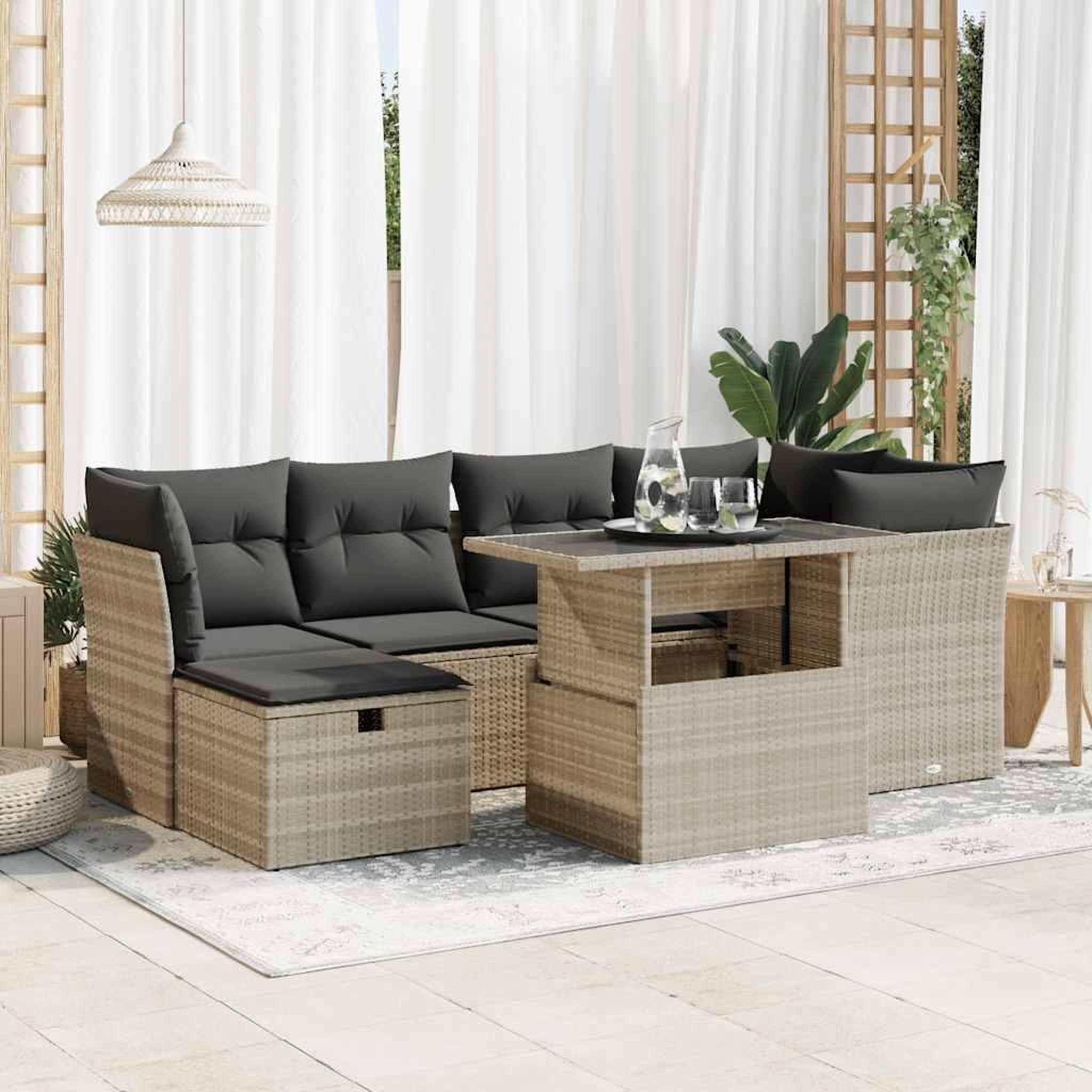 VIDAXL Salon de jardin avec coussins 7 pcs gris clair resine tressee