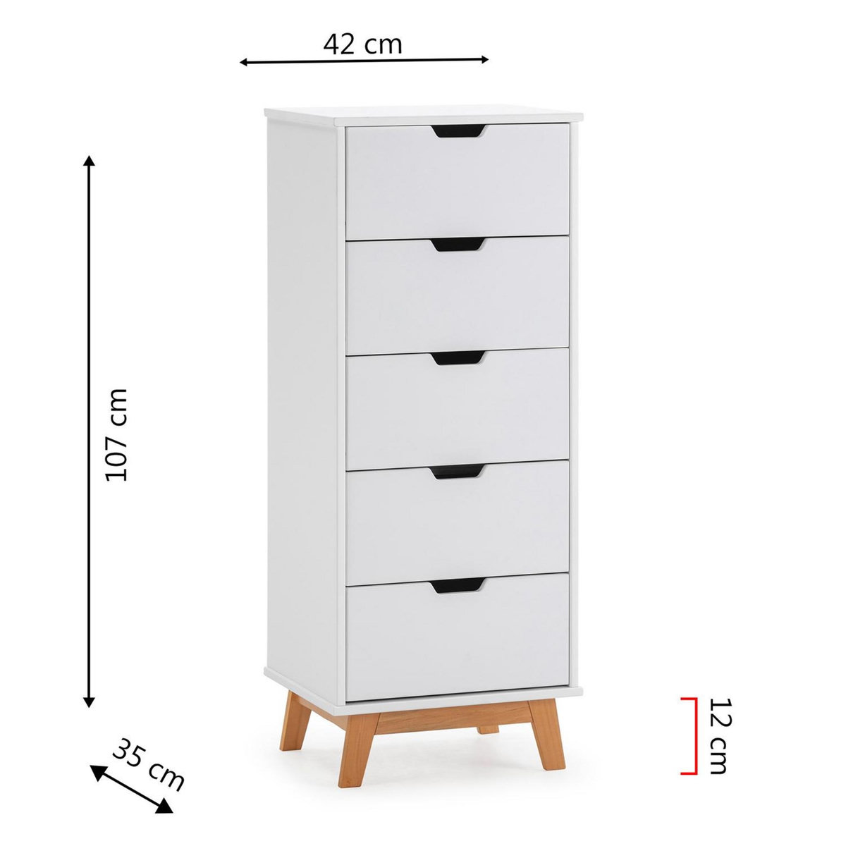VS VENTA-STOCK Chifonnier Miranda avec 5 tirois en Couleur Blanc, Pieds en Bois Naturel