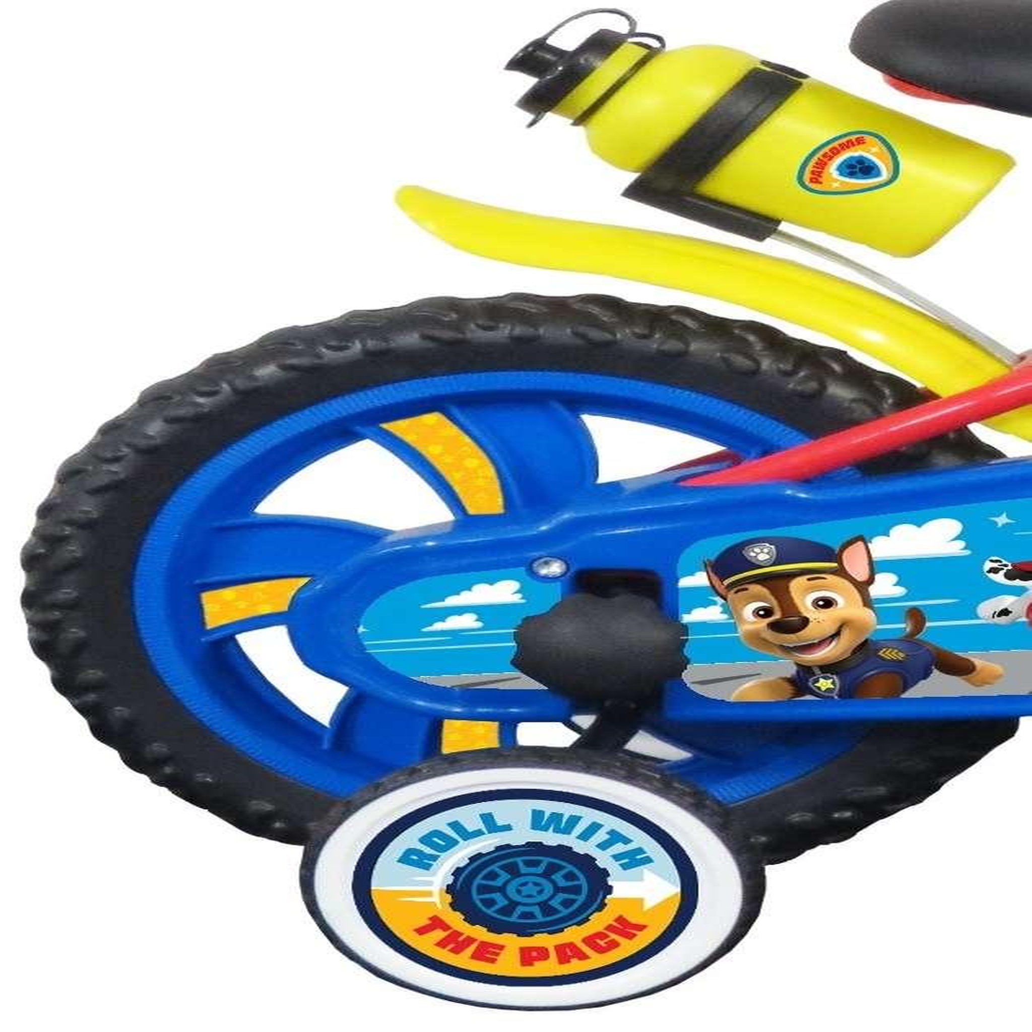 Voir la diapositive 2 : Nickelodeon Vélo enfant - Modèle 12'' Pat Patrouille + Casque pour enfant de 85/100 cm avec stabilisateurs - Plaque décorative avant - Porte bidon - 1 frein et roues à bâtons
