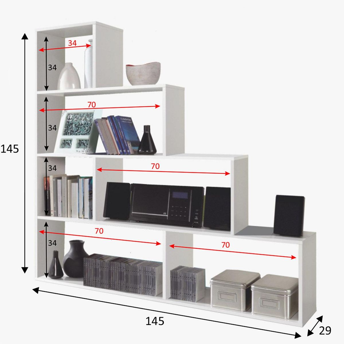 VS VENTA-STOCK Étagère Bibliothèque Jaén Blanc brillant 6 étagères, pour Salle à Manger ou Bureau