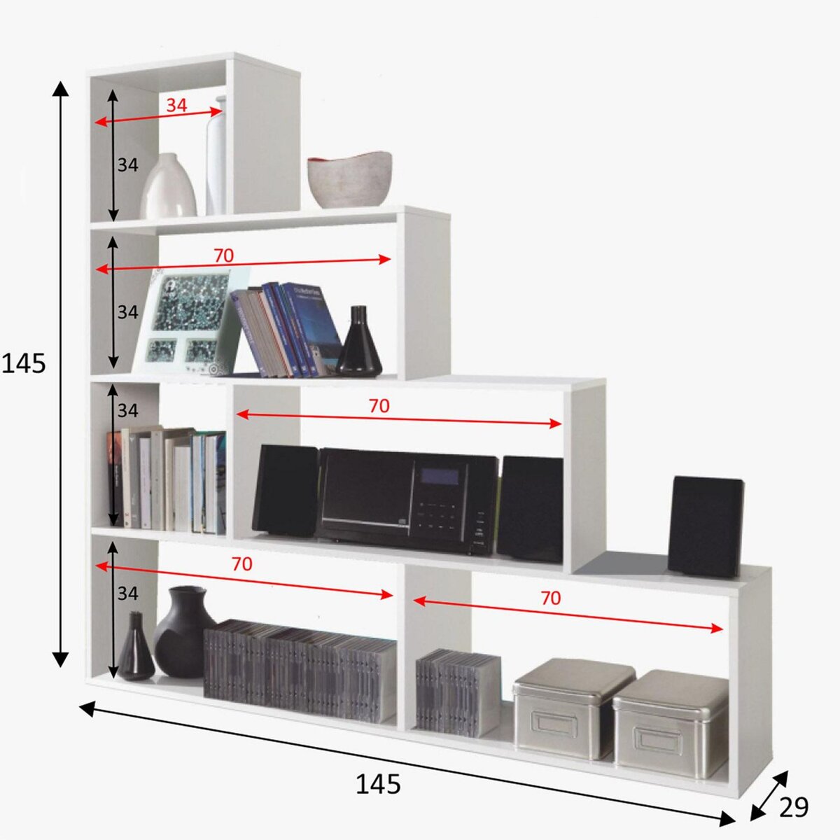 VS VENTA-STOCK Étagère Bibliothèque Jaén Blanc brillant 6 étagères, pour Salle à Manger ou Bureau
