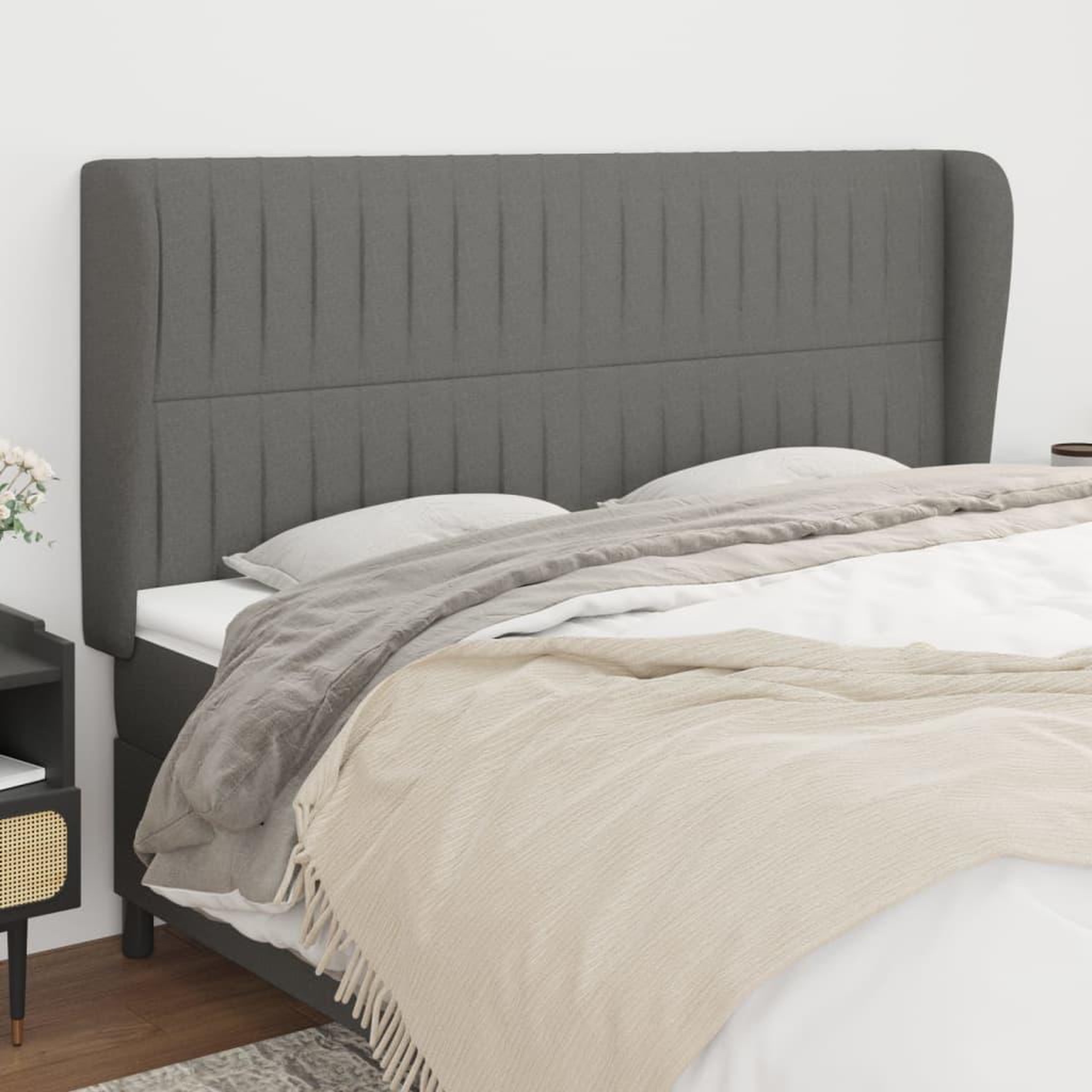 Voir la diapositive 1 : VIDAXL Tete de lit avec oreilles Gris fonce 203x23x118/128 cm Tissu