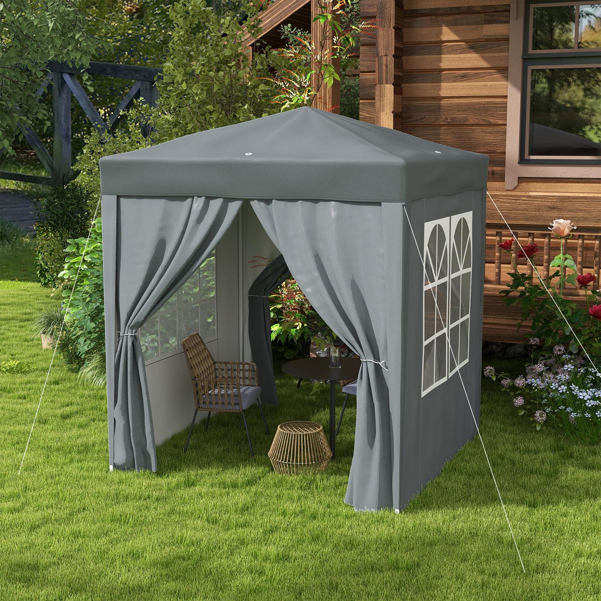 OUTSUNNY Tonnelle de jardin tente pliante barnum pop-up 2 x 2 m 4 parois latérales amovibles 2 fenêtres sac de transport gris