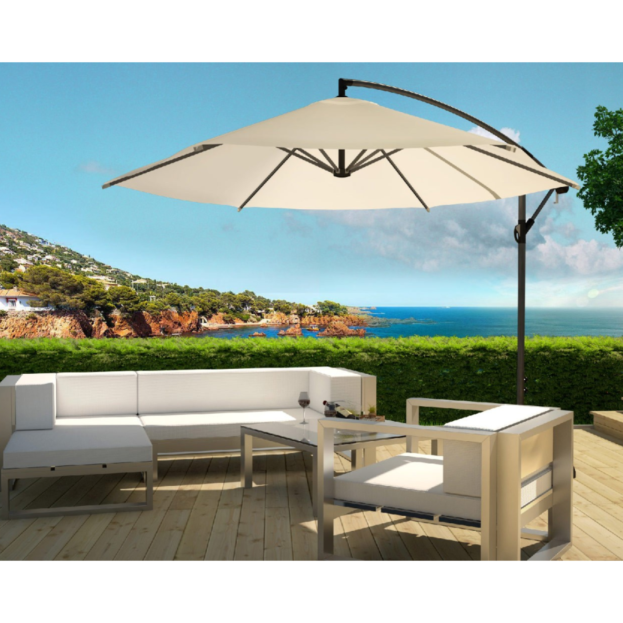 Voir la diapositive 4 : CONCEPT USINE Parasol ecru déporté rond 3 x 3 m porticcio
