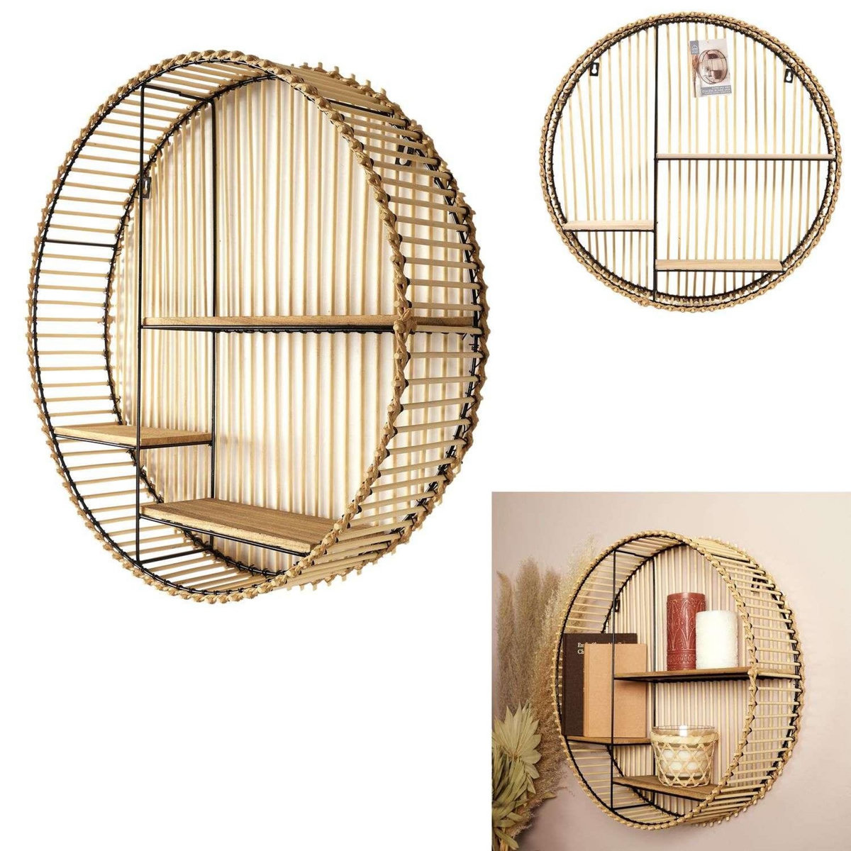 The Home Deco Factory Etagère ronde 3 niveaux en bambou et métal Diam. 53 cm - Marron et Noir