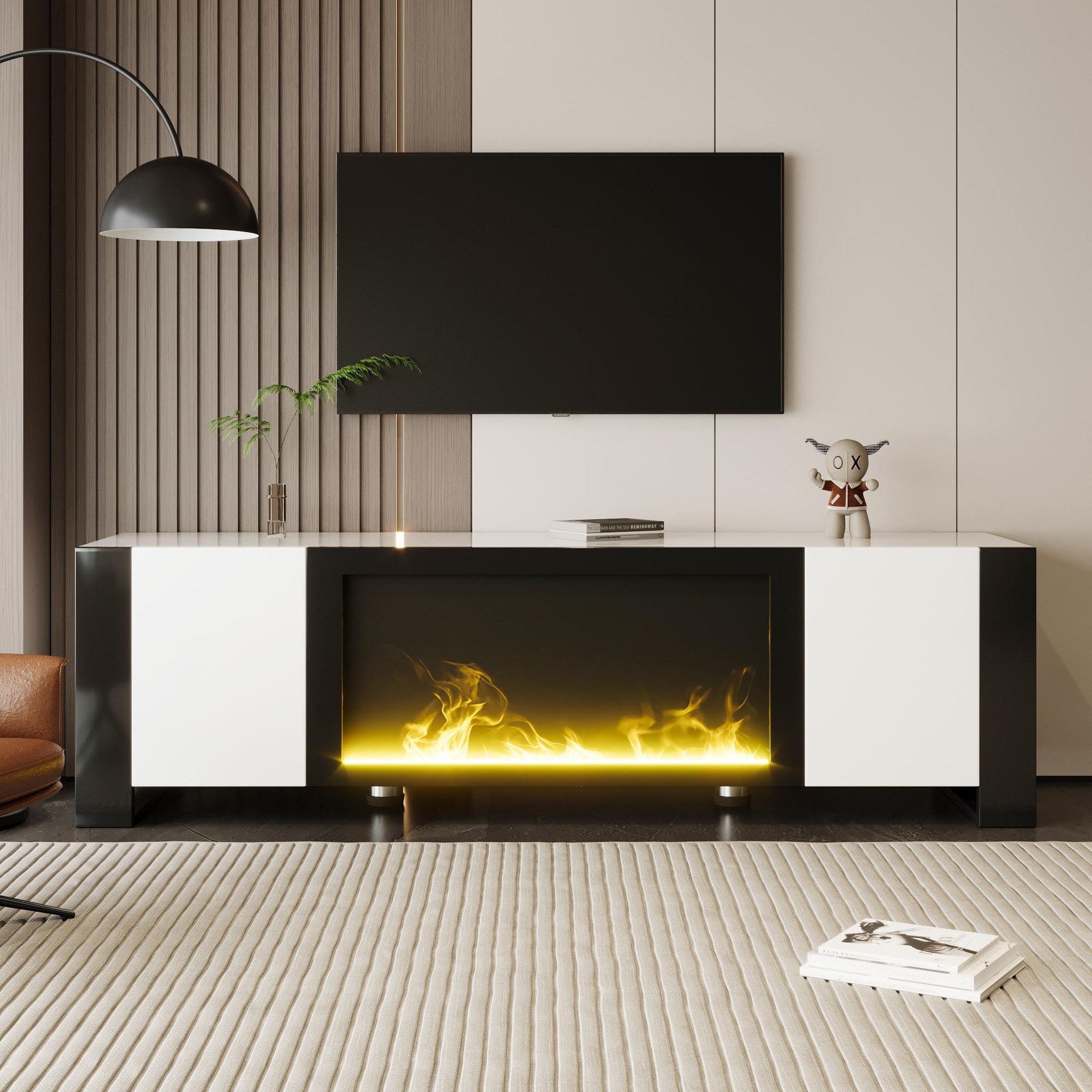 Voir la diapositive 2 : MERAX Meuble tv blanc+noir 165 cm panneau de particules
