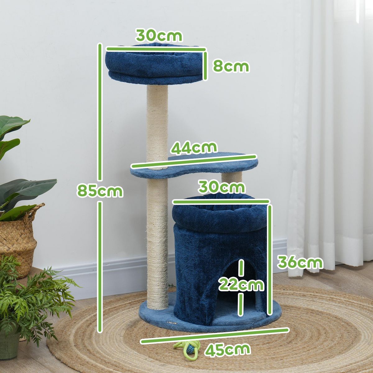 PAWHUT Arbre à chat design - niche, 2 plateformes, 2 coussins, griffoirs - peluche bleu roi