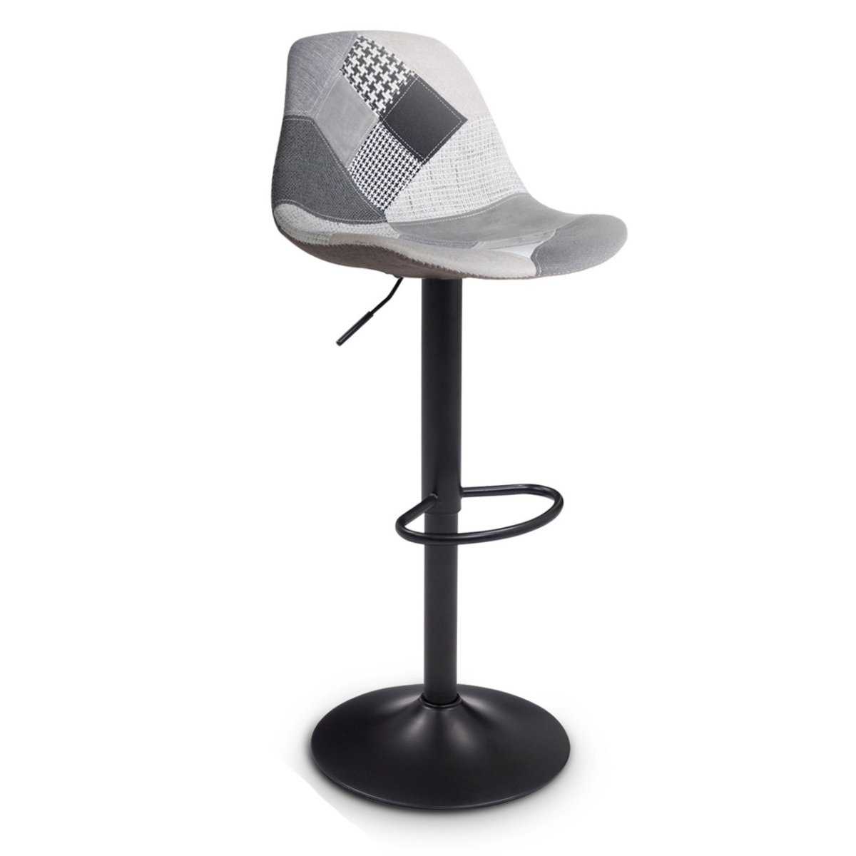 ID MARKET Lot de 4 tabourets de bar KARL design patchworks noirs, gris et blancs pied noir