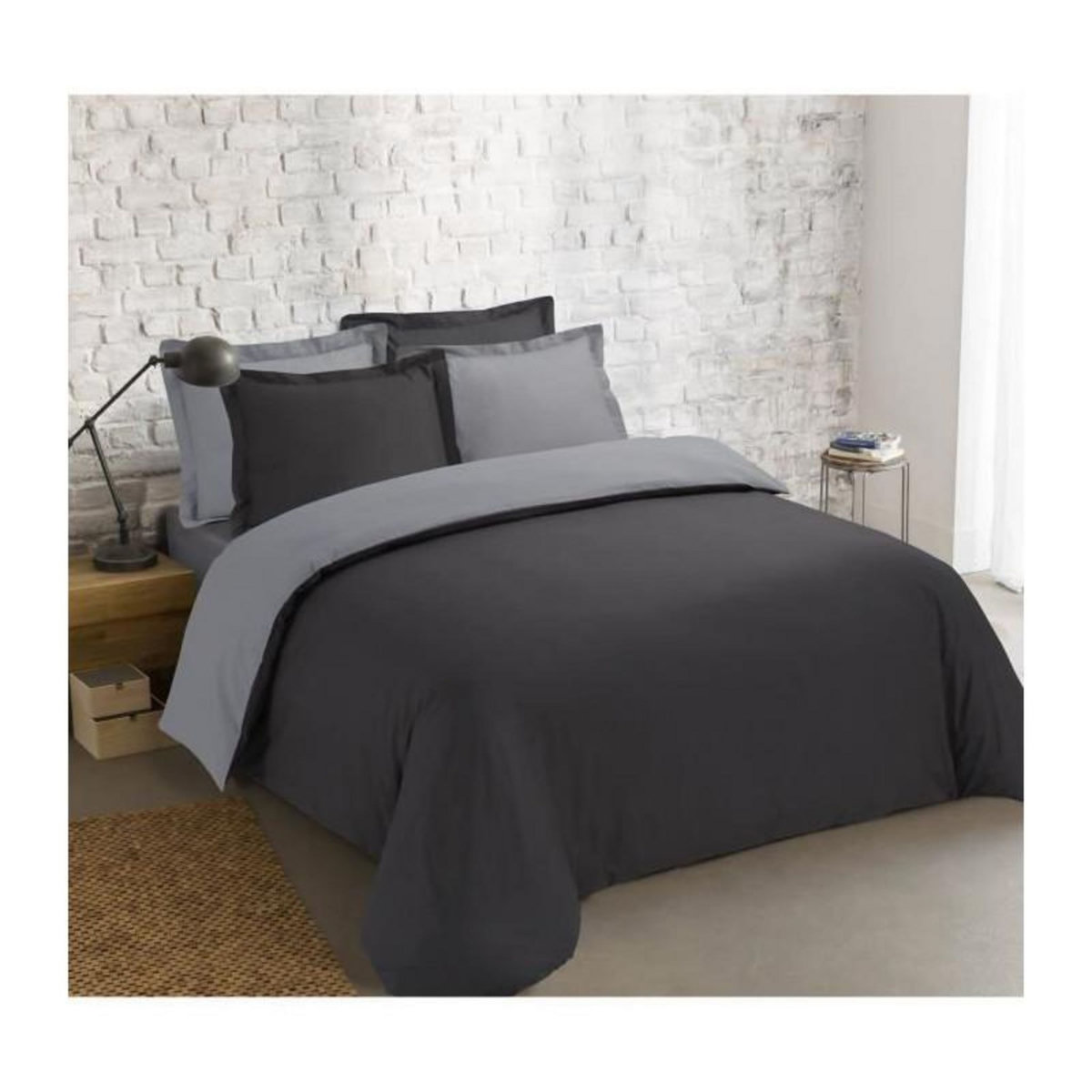 VISION VISION - Bicolore - Housse de couette Réversible 240x220cm avec 2 taies 65x65cm - Anthracite/gris - 100% coton