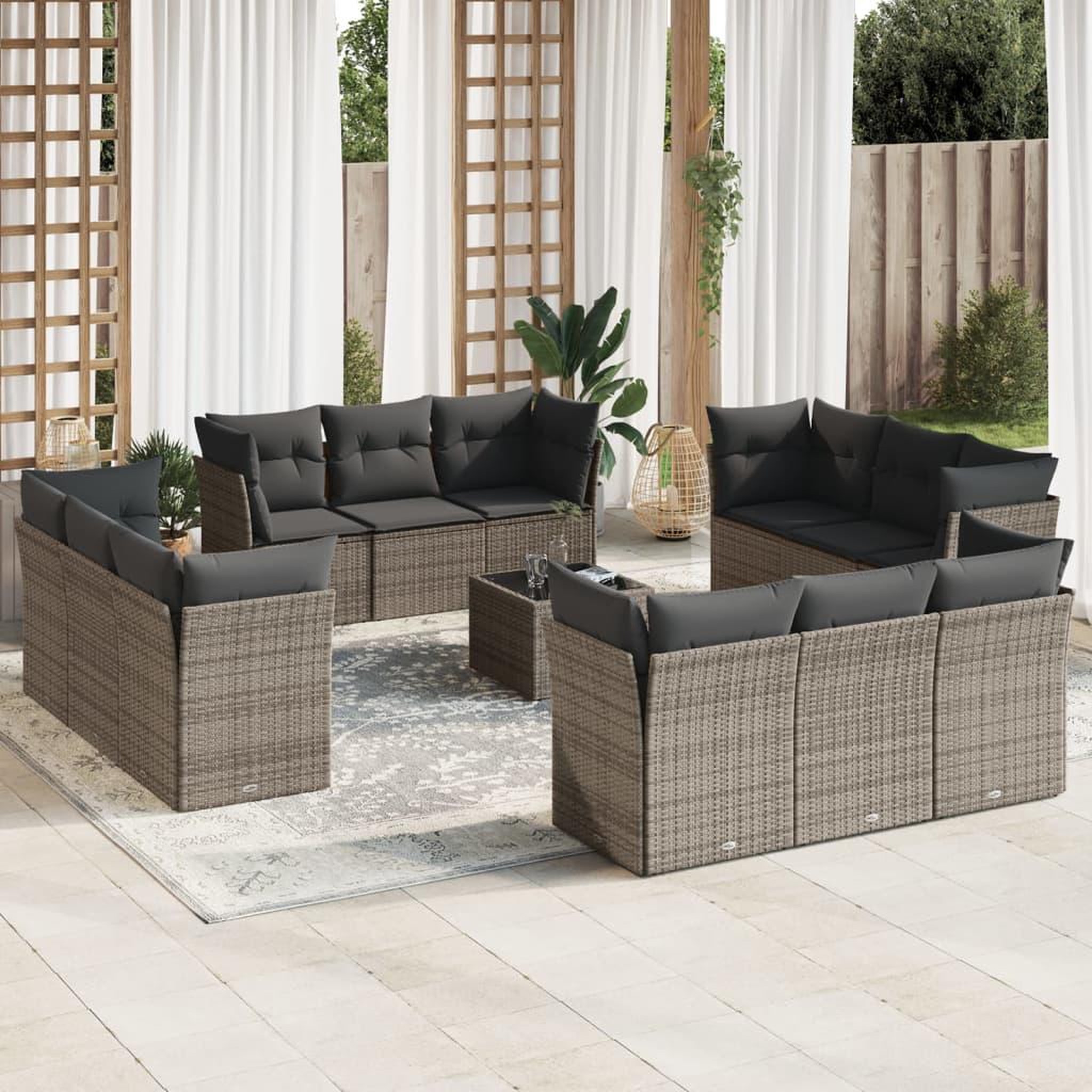 VIDAXL Salon de jardin avec coussins 13 pcs gris resine tressee