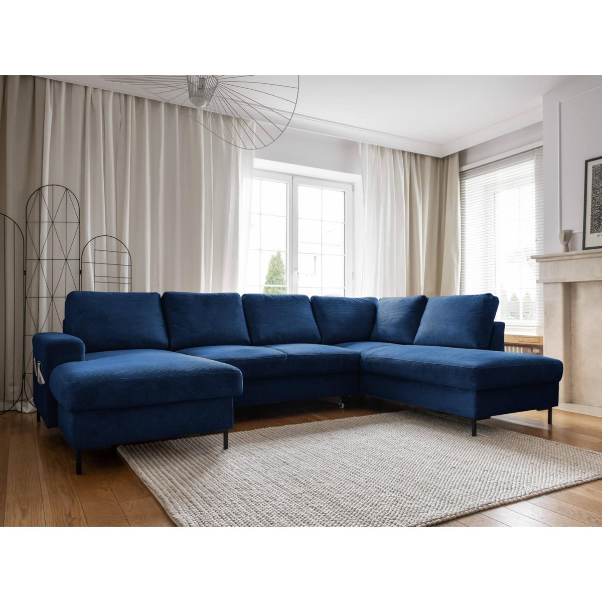 BEST MOBILIER Lilly - canapé panoramique d'angle droit - 7 places - convertible avec coffre - en velours côtelé