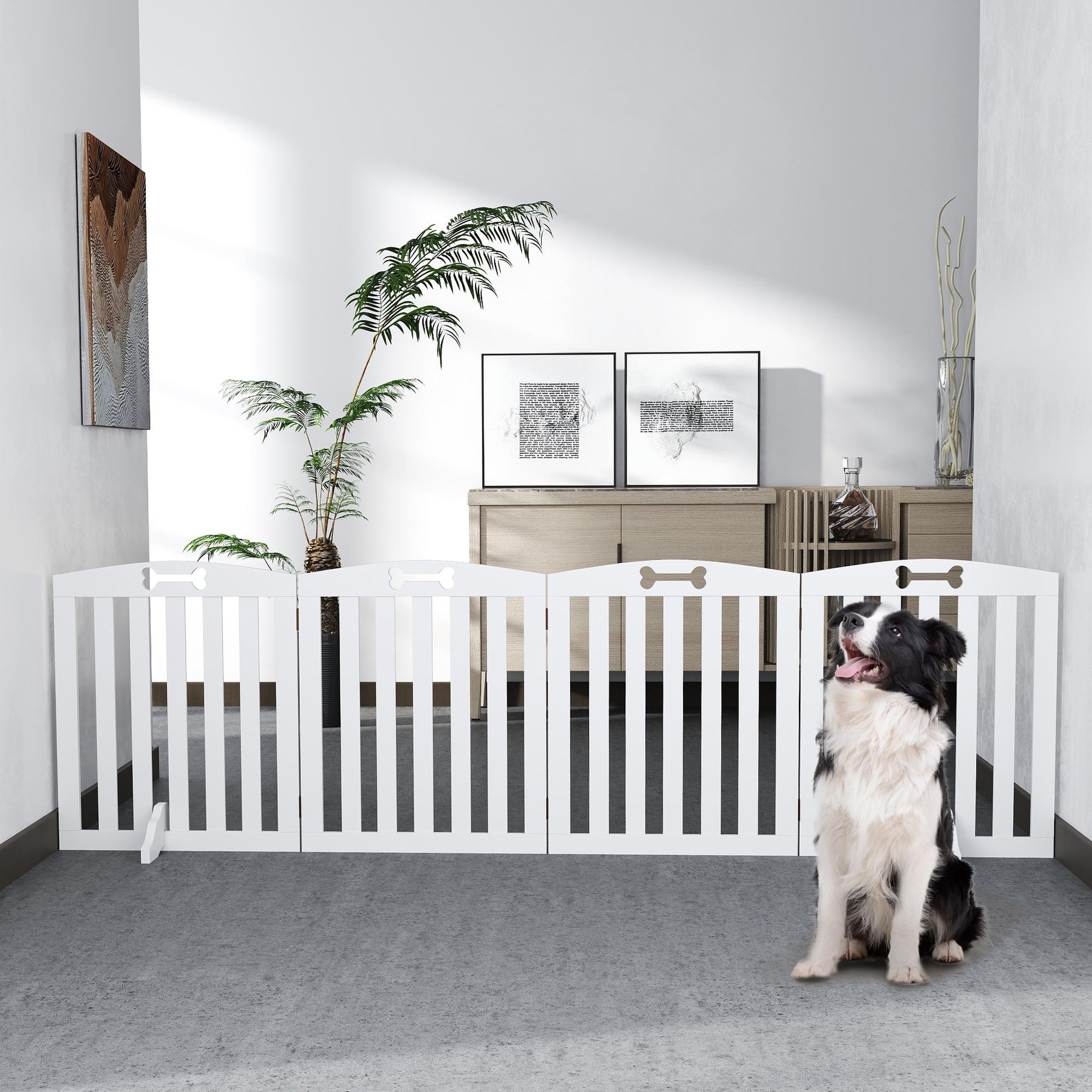 Voir la diapositive 4 : PAWHUT Barrière de sécurité chien pliable adaptable motif os - piètement support antidérapant - 207 x 30 x 61 cm - mdf blanc