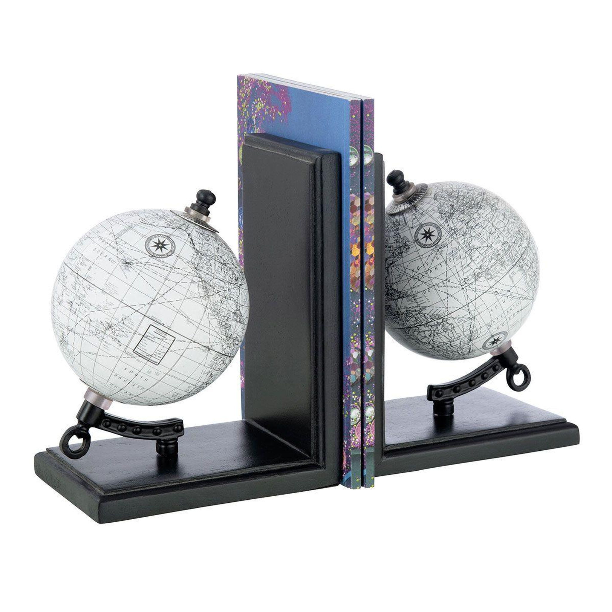 Voir la diapositive 2 : J-LINE Lot de 2 serre-livres en bois  globe  18cm noir & gris