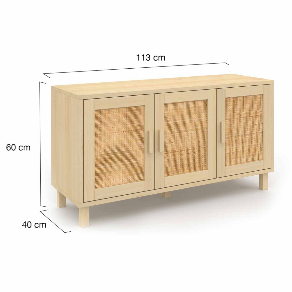ID MARKET Buffet bas vintage 113 cm ELIN 3 portes effet naturel cannage