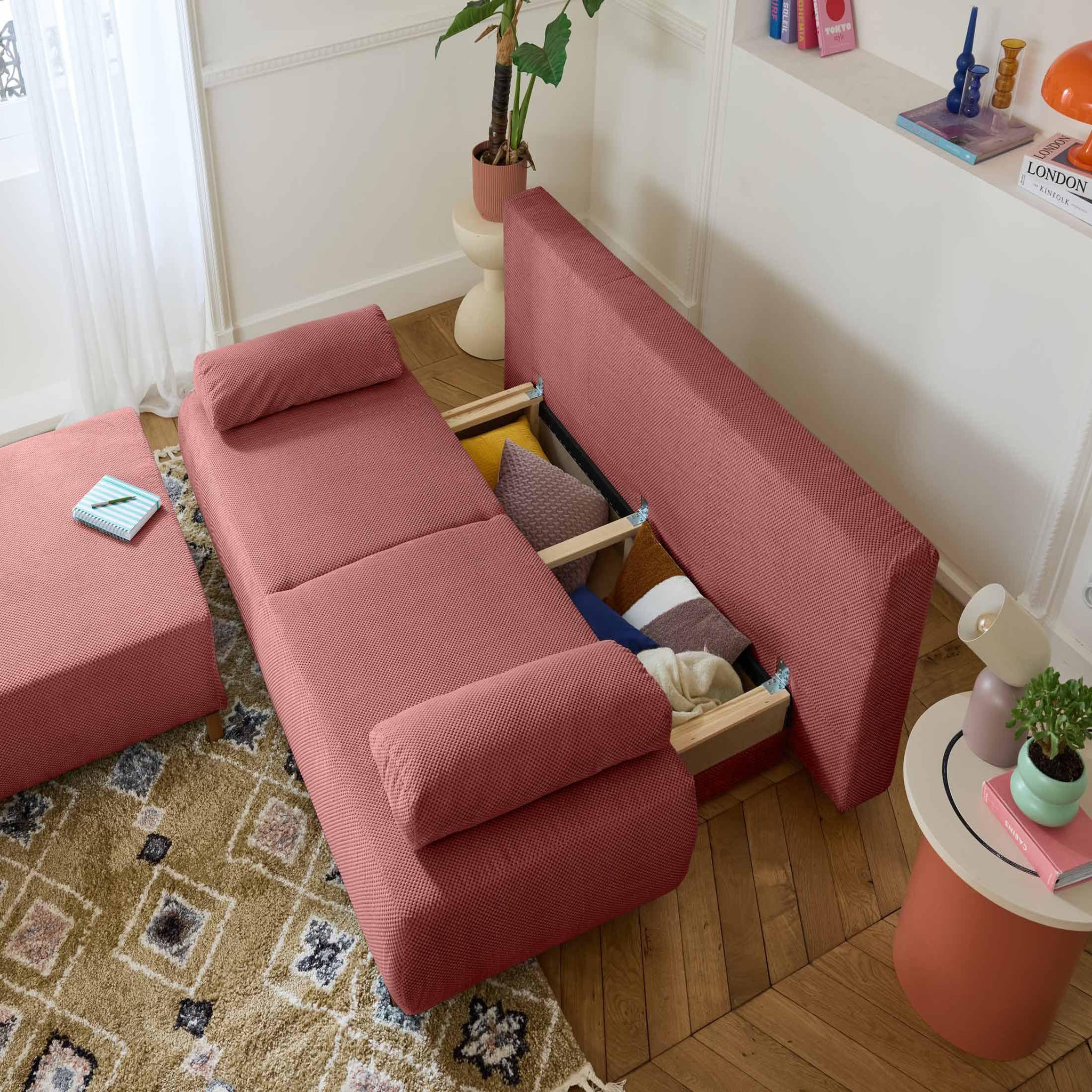 Voir la diapositive 3 : BEST MOBILIER Cristal - canapé 3 places - convertible avec coffre et grand pouf - en velours texturé
