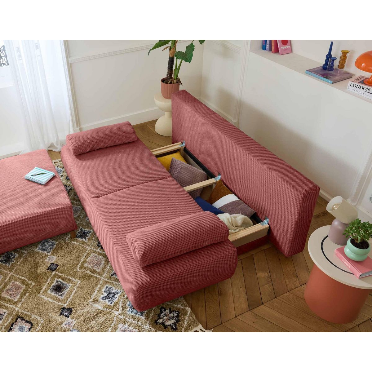 BEST MOBILIER Cristal - canapé 3 places - convertible avec coffre et grand pouf - en velours texturé