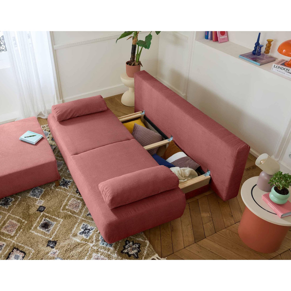 BEST MOBILIER Cristal - canapé 3 places - convertible avec coffre et grand pouf - en velours texturé