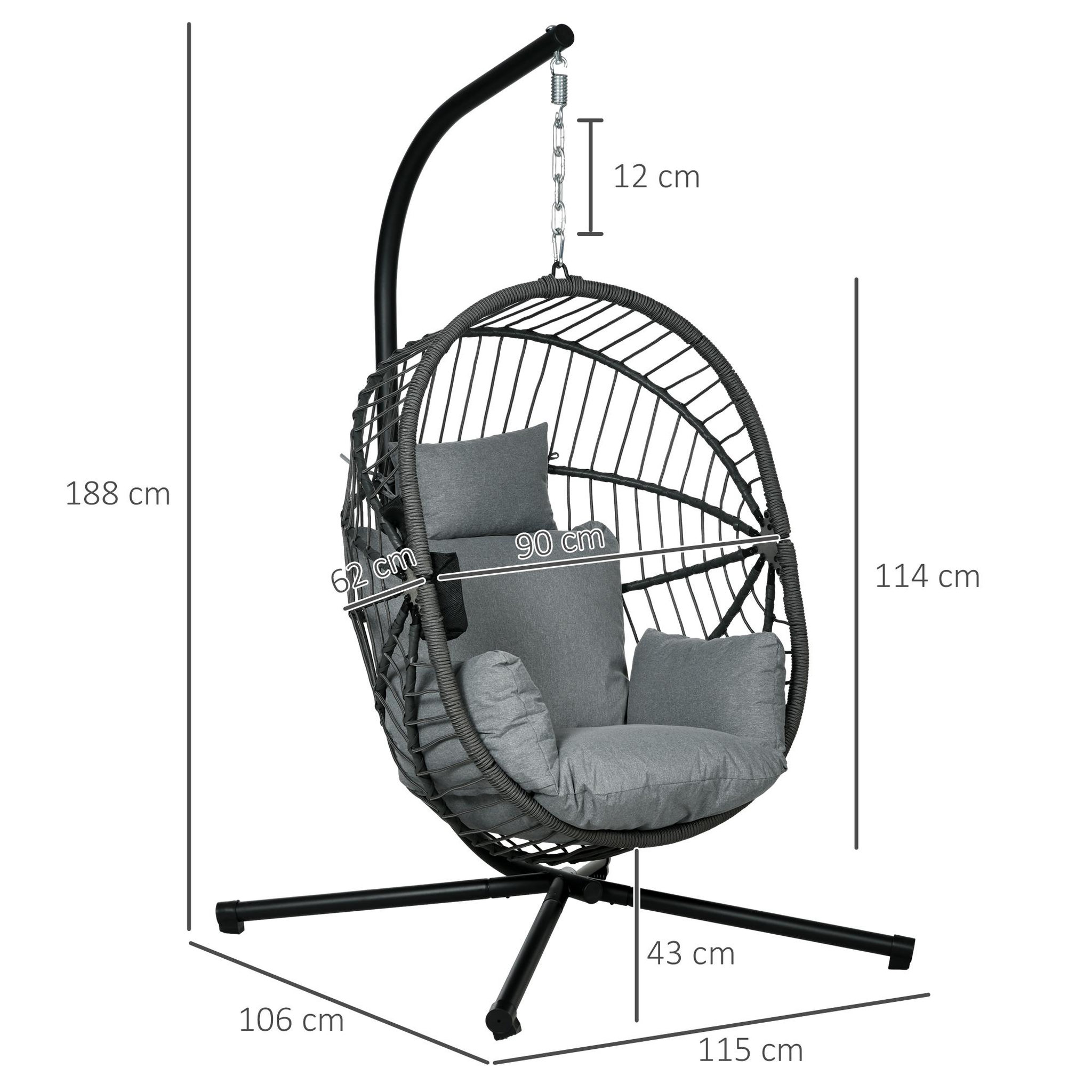 Voir la diapositive 3 : OUTSUNNY Fauteuil suspendu pliable - fauteuil de jardin suspendu avec coussin - acier noir cordage PP gris