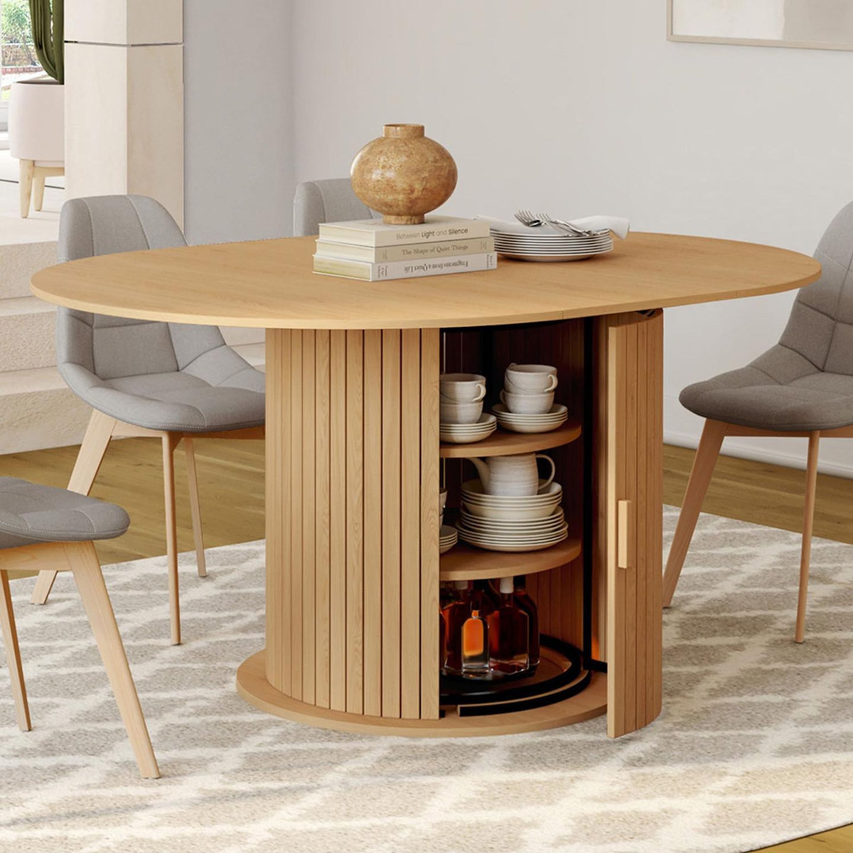 ID MARKET Table à manger extensible ronde JULIETTE 4-8 personnes pied lattes avec rangement 110-150 cm