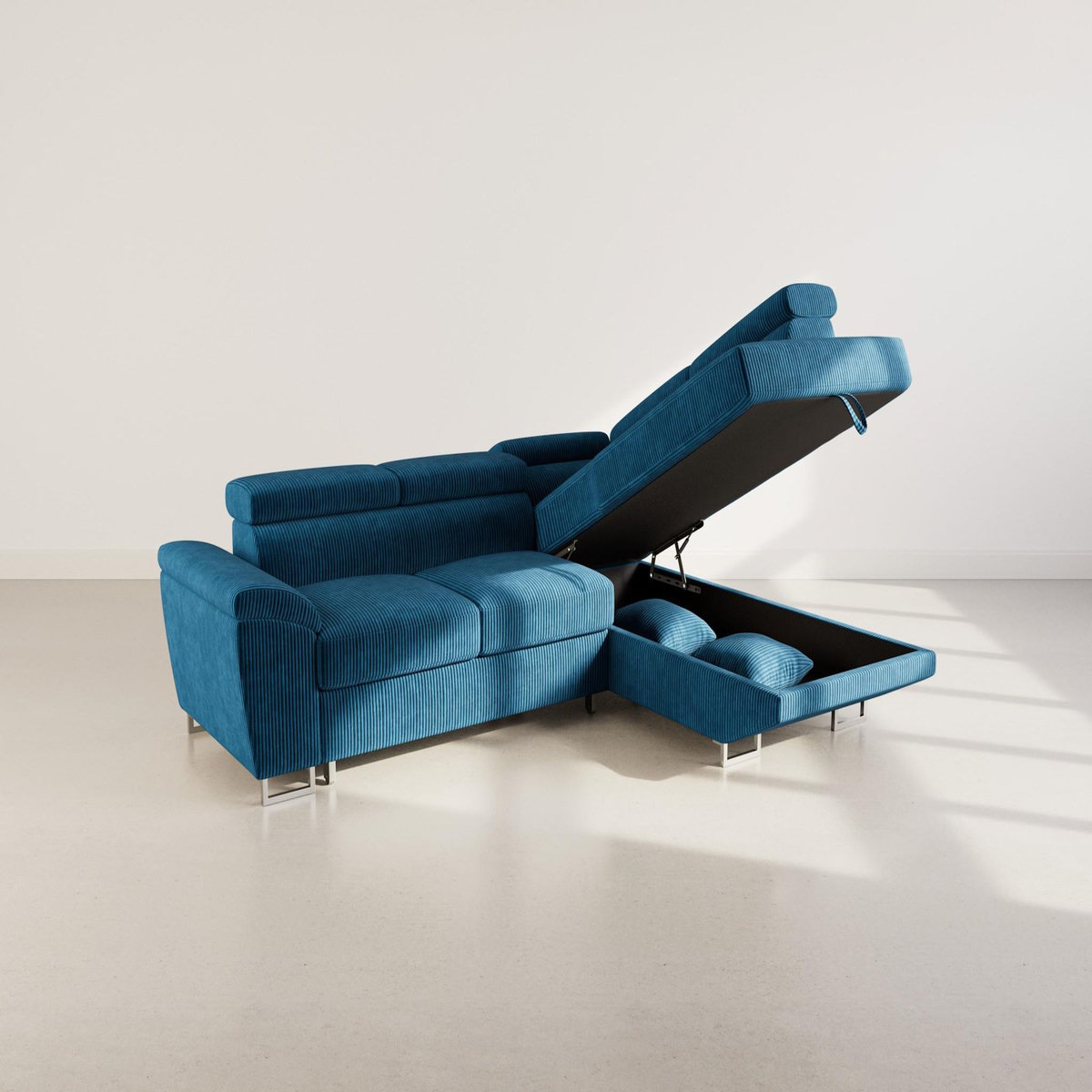 BEST MOBILIER Baoji - canapé d'angle droit 5 places convertible avec têtières et coffre en velours côtelé