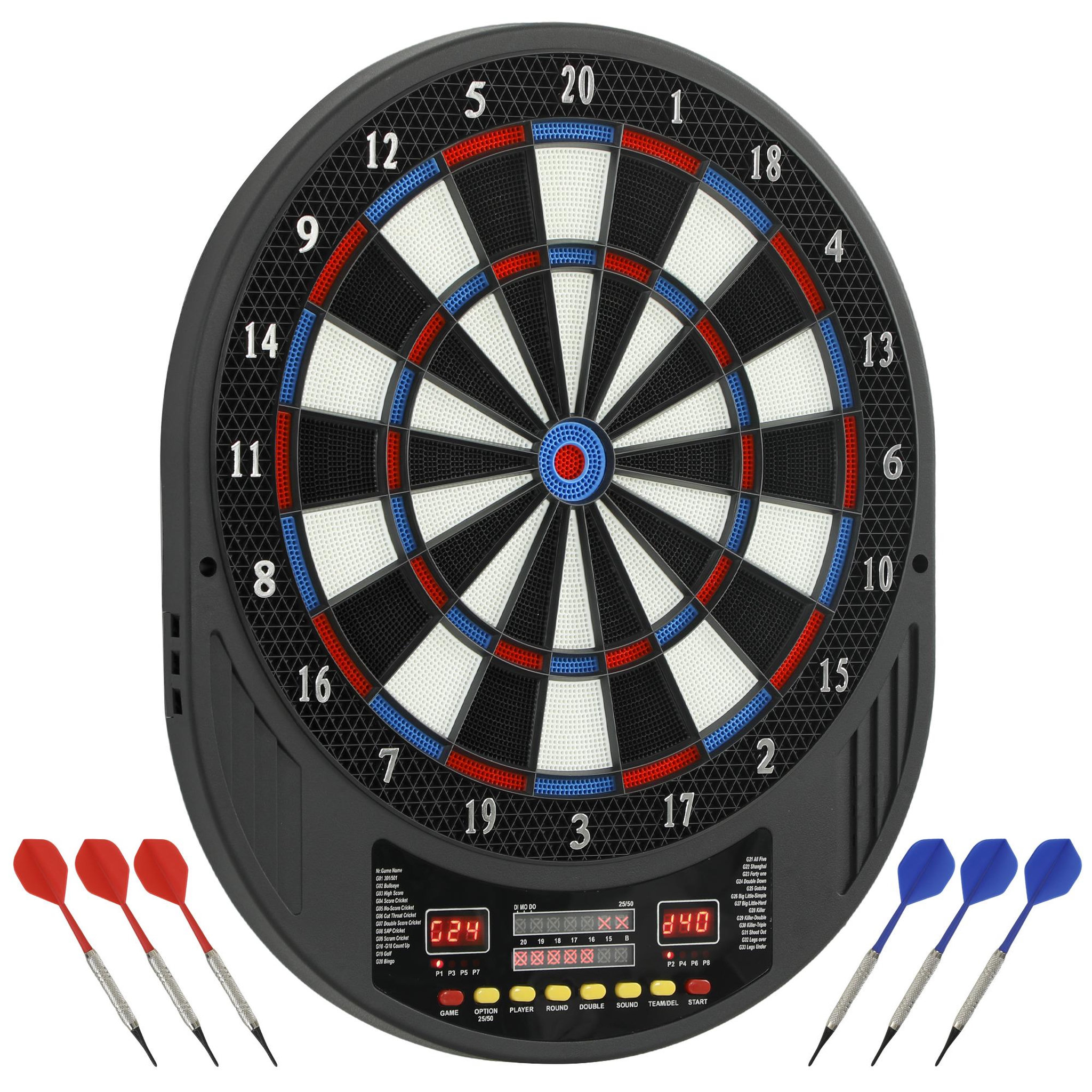 Voir la diapositive 5 : HOMCOM Cible jeu de fléchettes électronique 33 jeux 202 variations jusqu'à 8 joueurs