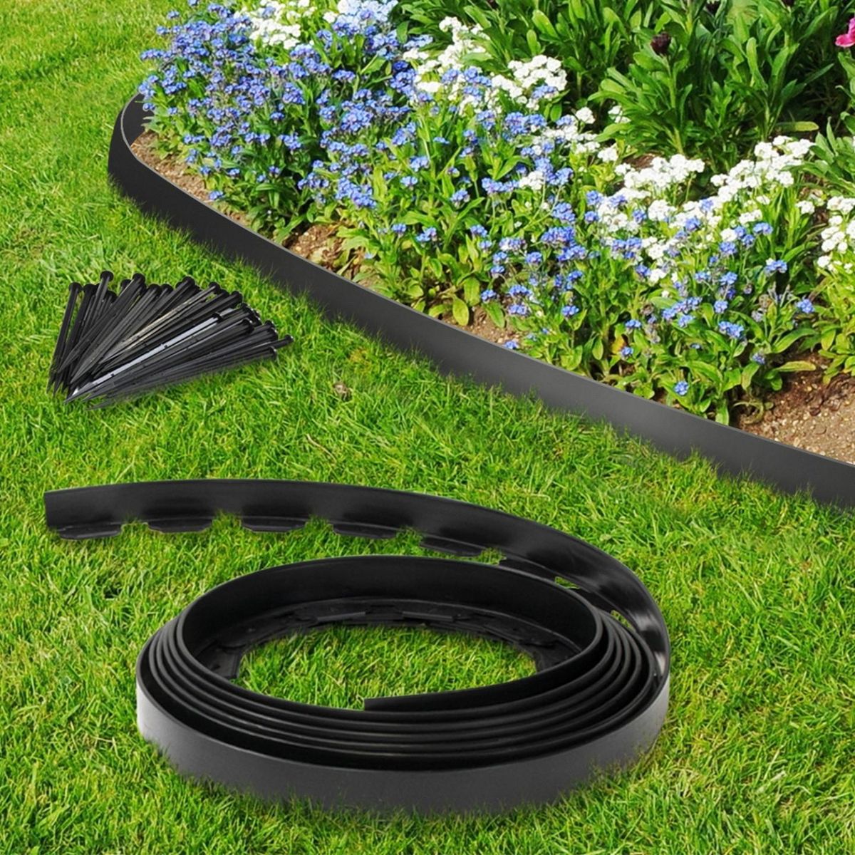 ID MARKET Bordurette de jardin flexible 10 M noire hauteur 5 CM + 30 piquets