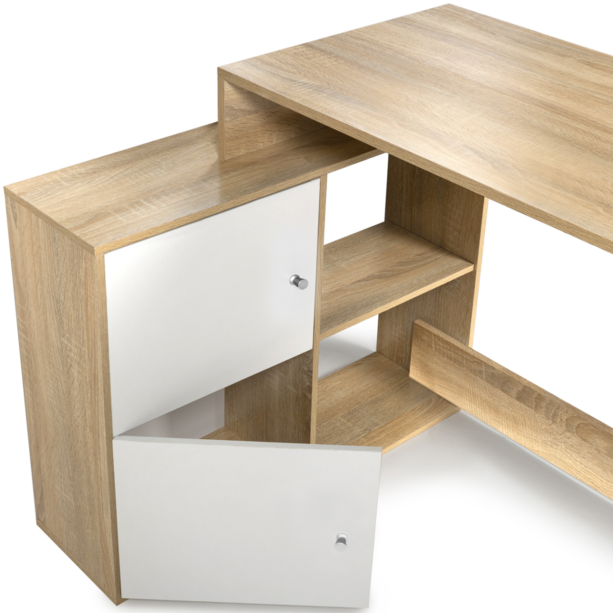 Voir la diapositive 4 : ID MARKET Bureau d'angle en forme de l bob avec portes façon hêtre et blanc