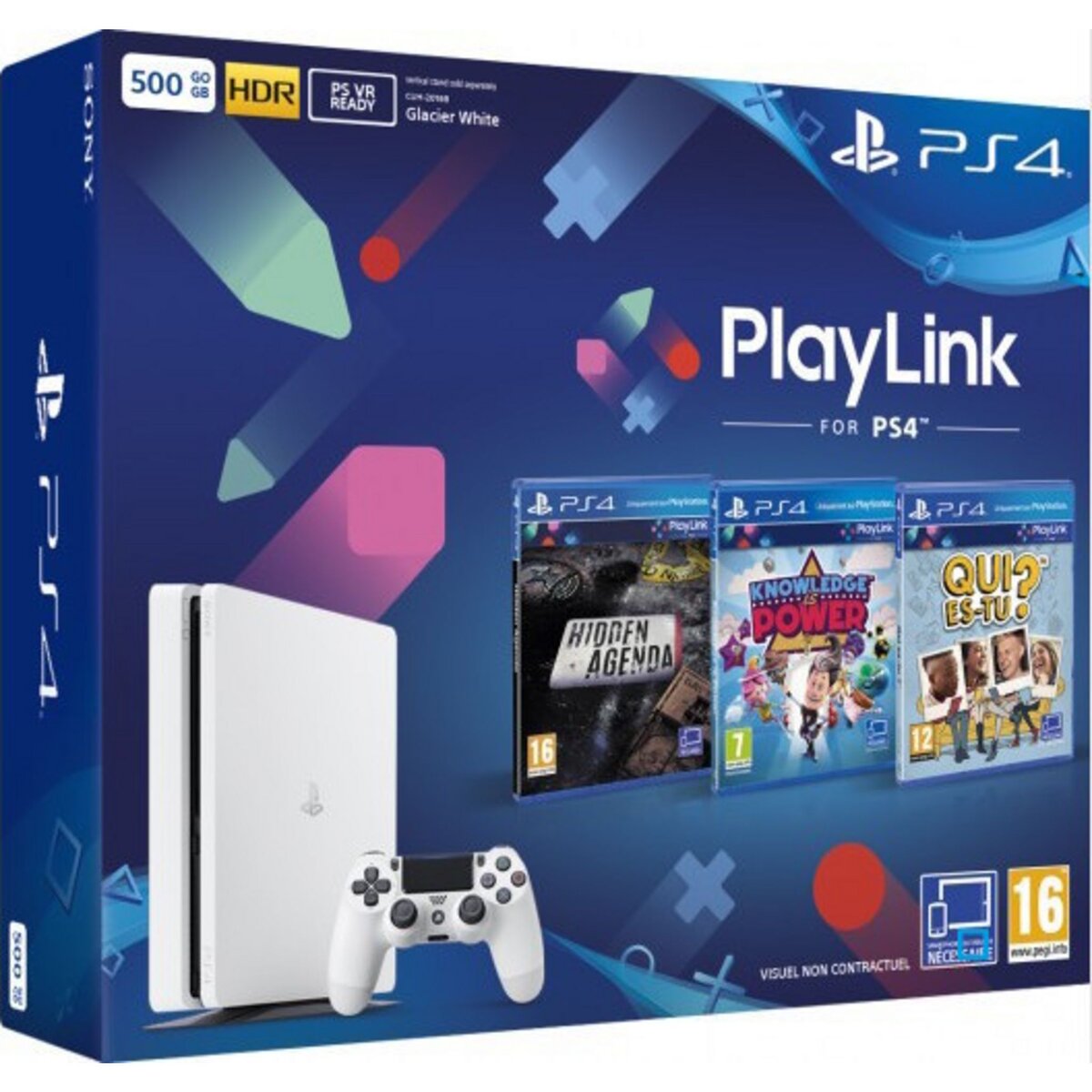 Console Playstation 4 Slim 500Go Glacier White + Quies tu ? + Knowledge is Power + Hidden