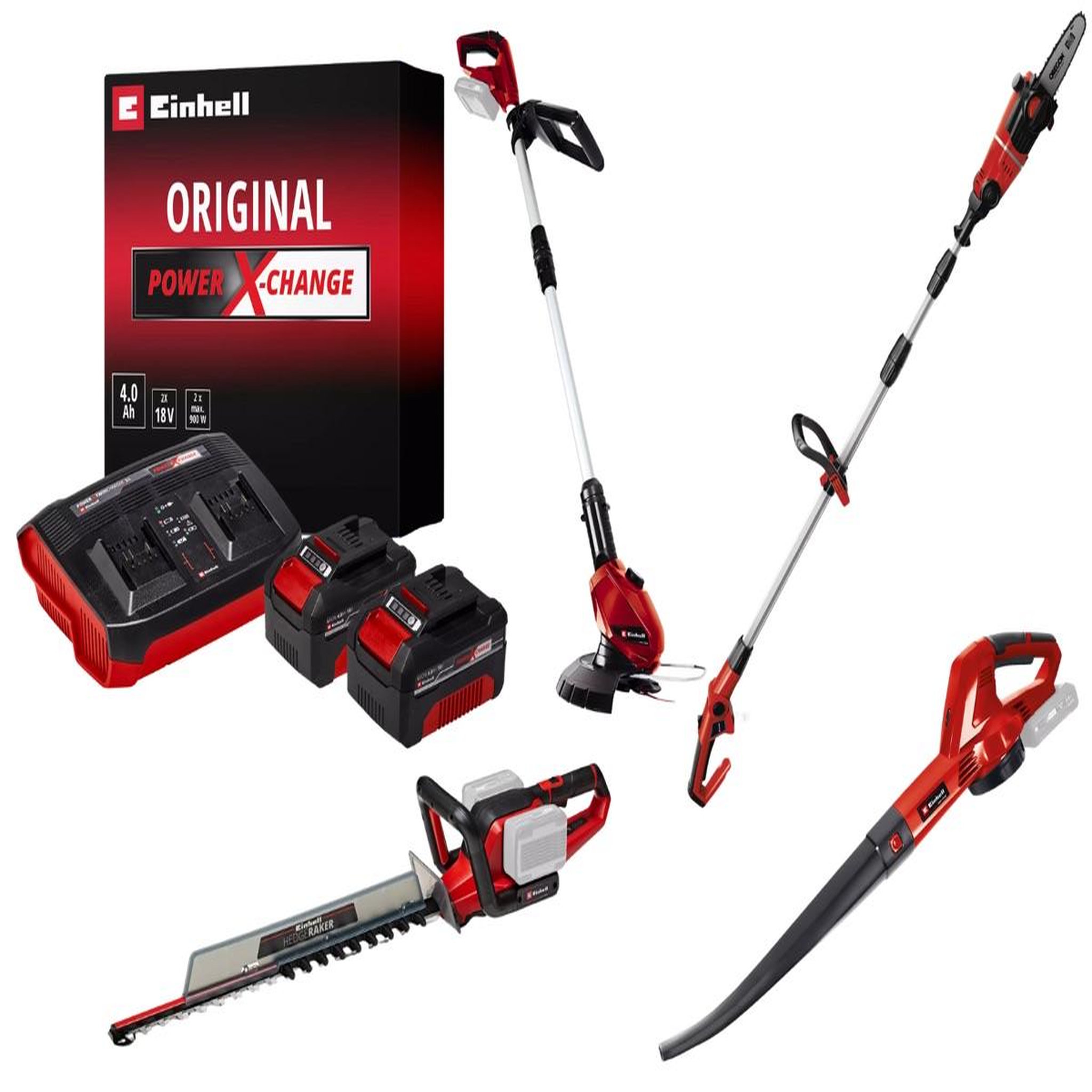 Einhell Kit jardin sans fil Einhell – Coupe-bordure, souffleur, taille-haies, ébrancheur + 2 batteries 4.0Ah