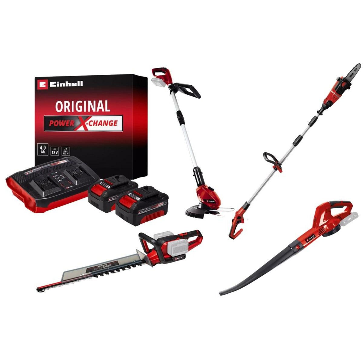 Einhell Kit jardin sans fil Einhell – Coupe-bordure, souffleur, taille-haies, ébrancheur + 2 batteries 4.0Ah