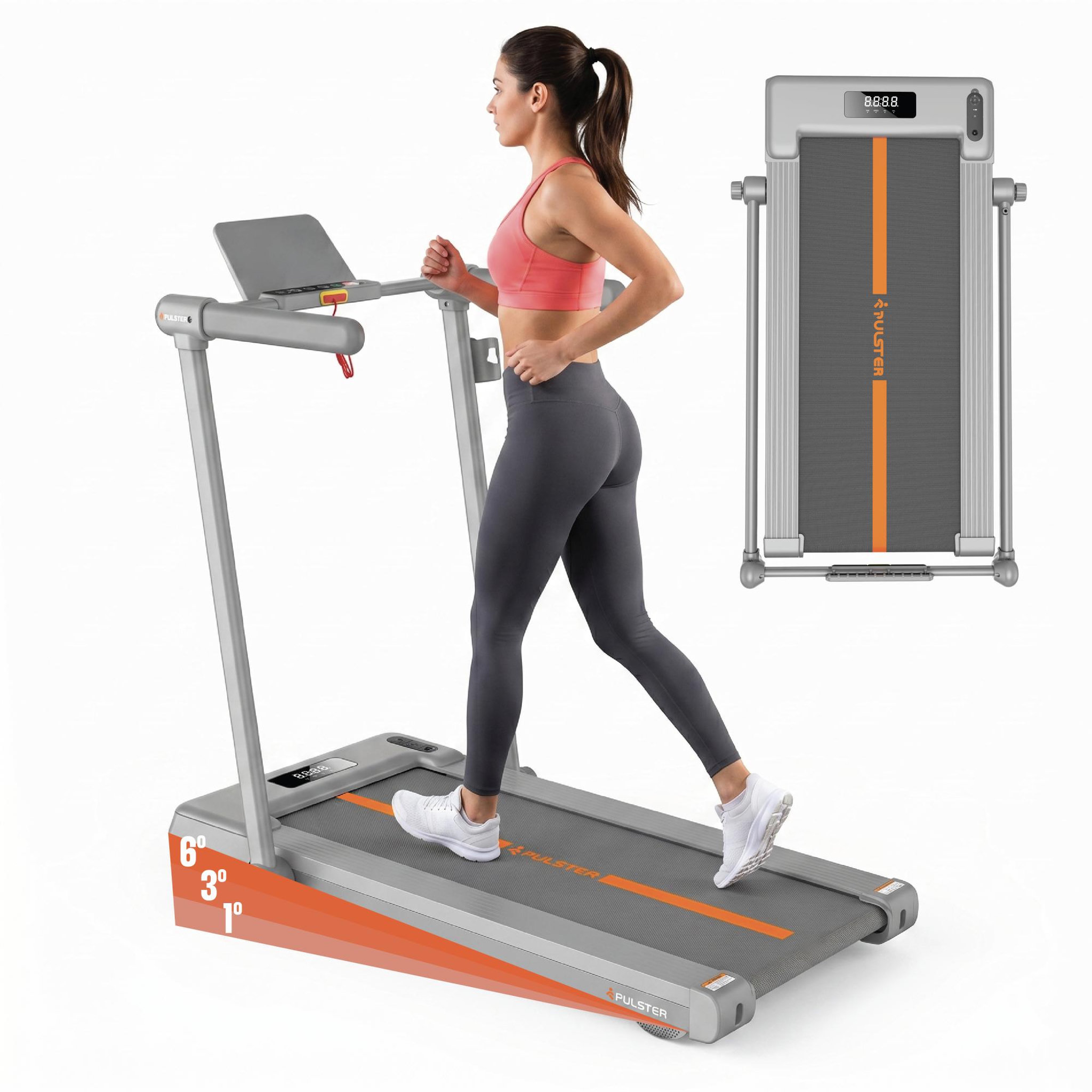 Voir la diapositive 2 : Storex Tapis de marche pulster pliable – 1 à 8 km/h, inclinaison 6°, écran led, compact 11,2 cm, télécommande & support smartphone