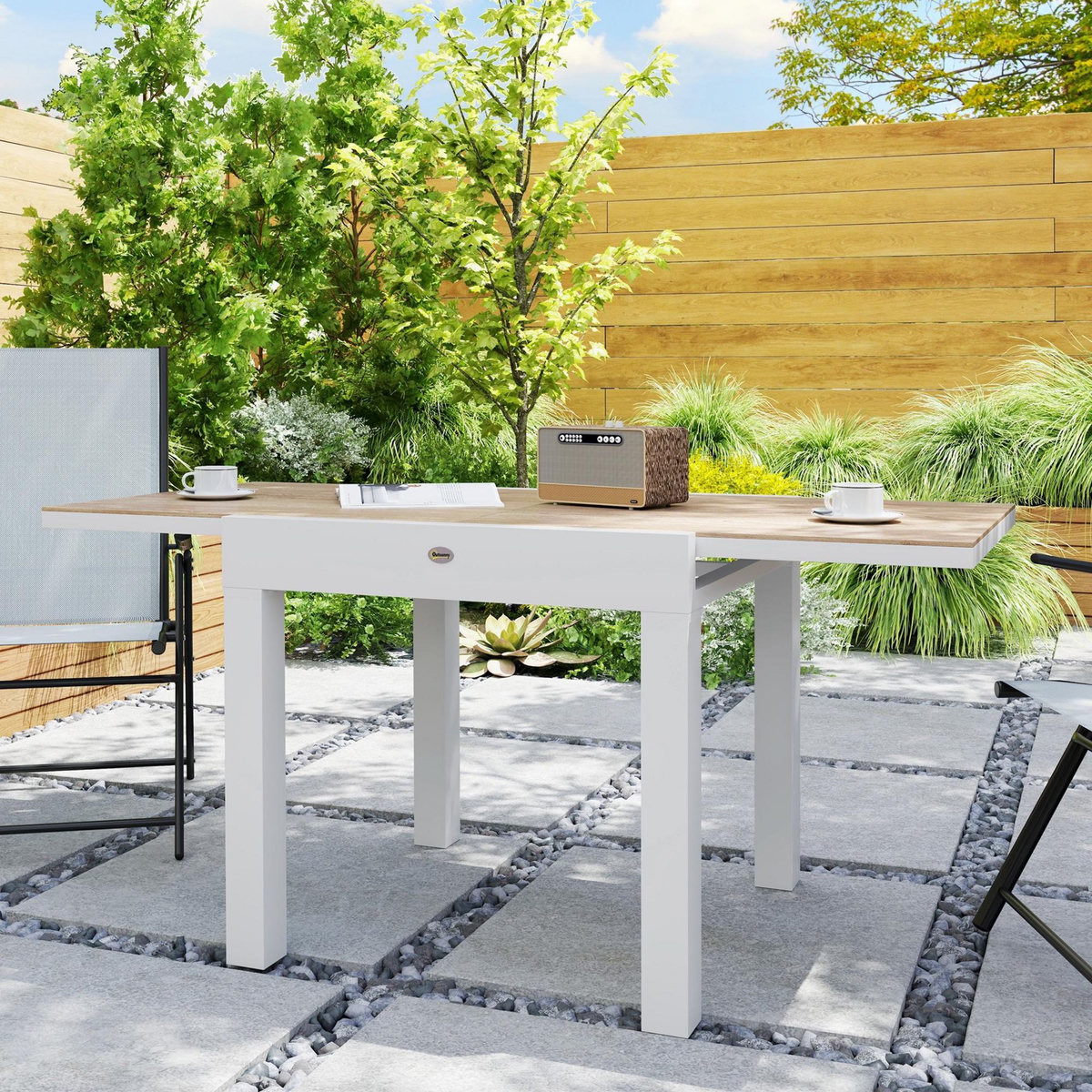 OUTSUNNY Table de jardin extensible 6 places 80/160 cm aluminium traité époxy gris clair plateau effet bois