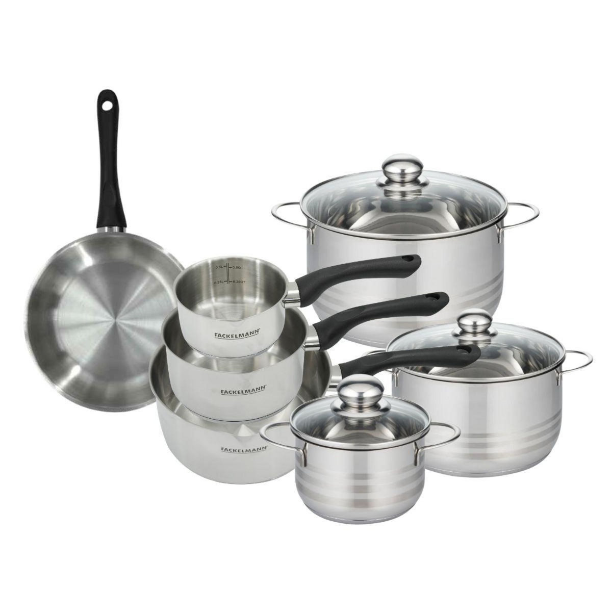 Fackelmann Set de 1 poêle 20 cm, 3 casseroles 12 16 20 cm et 3 faitouts 16, 20 et 24 cm en inox Fackelmann Geneva