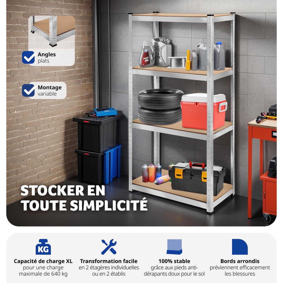 tectake Étagère pour charges lourdes structure en acier galvanisé argent 160 x 160 x 40 cm, 640 kg