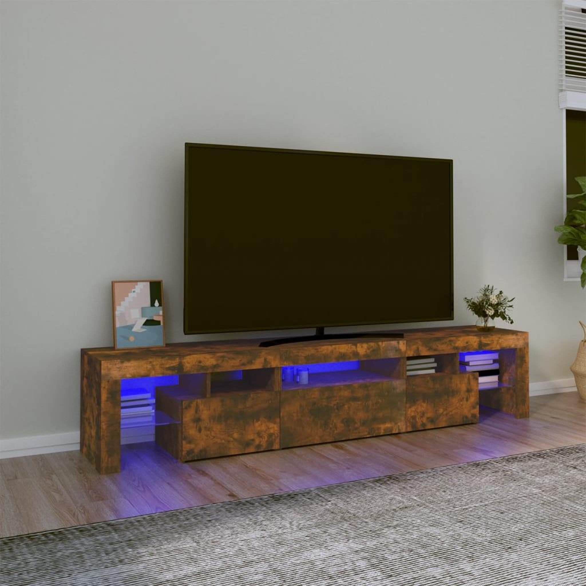 Voir la diapositive 1 : VIDAXL Meuble TV avec lumieres LED Chene fume 200x36,5x40 cm