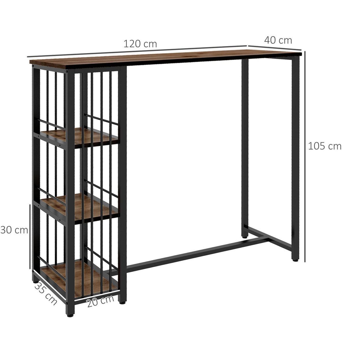 HOMCOM Table de bar 3 étagères style industriel acier noir aspect panneaux aspect bois