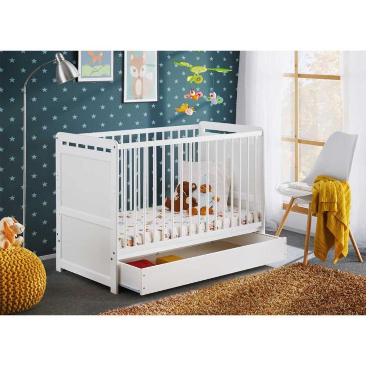 Paris Prix Lit Bébé, Matelas & Tiroir de Lit  Tymek  124cm Blanc